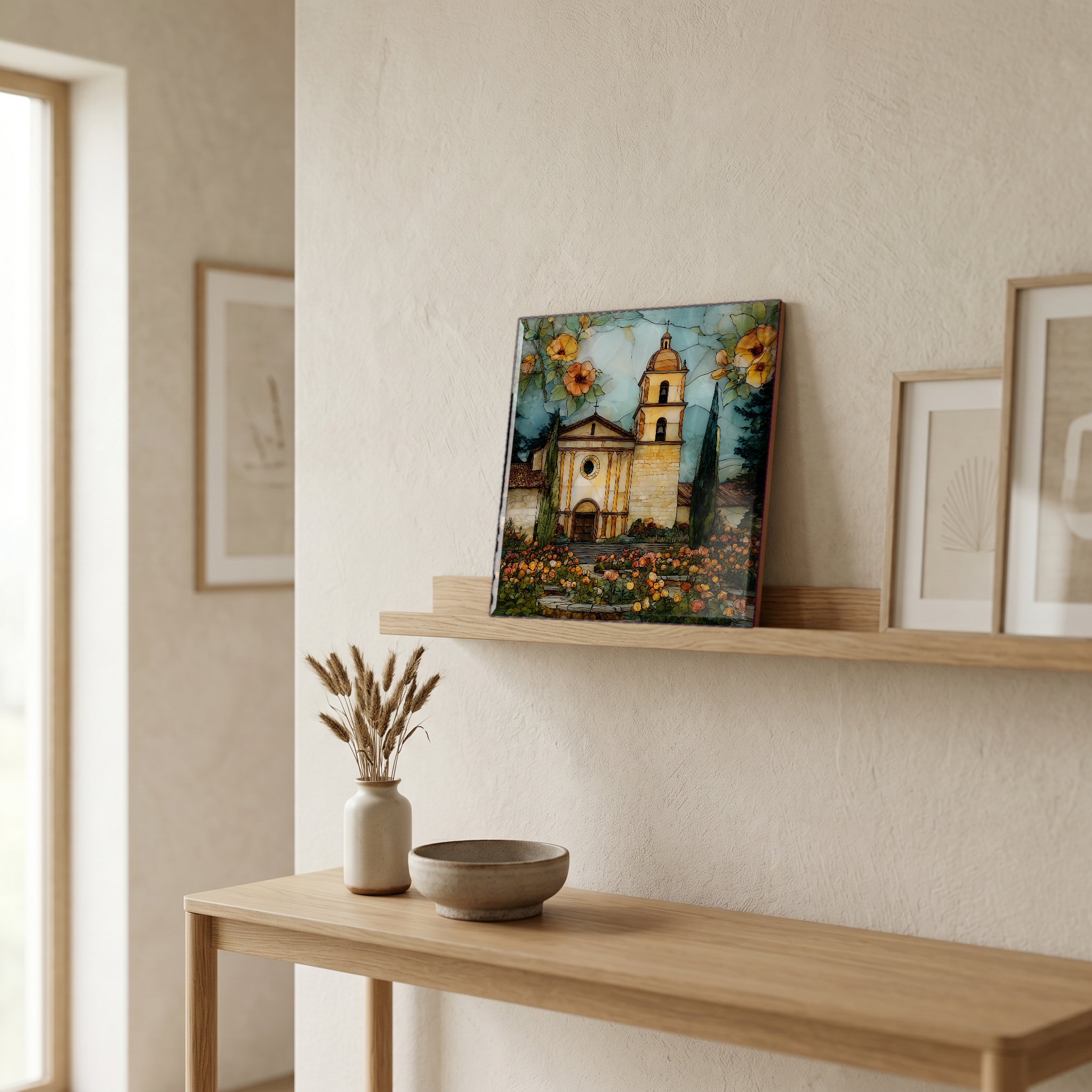 On a picture ledge, where the light comes in.