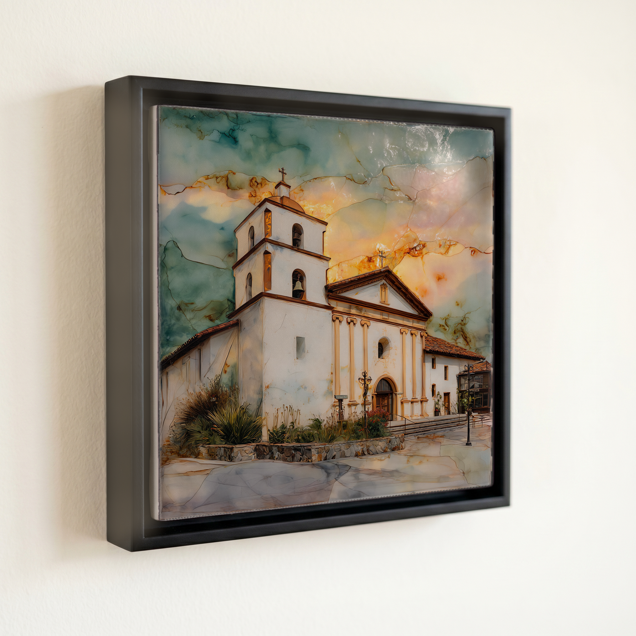 shown in a slim black floating frame · 6 × 6 in