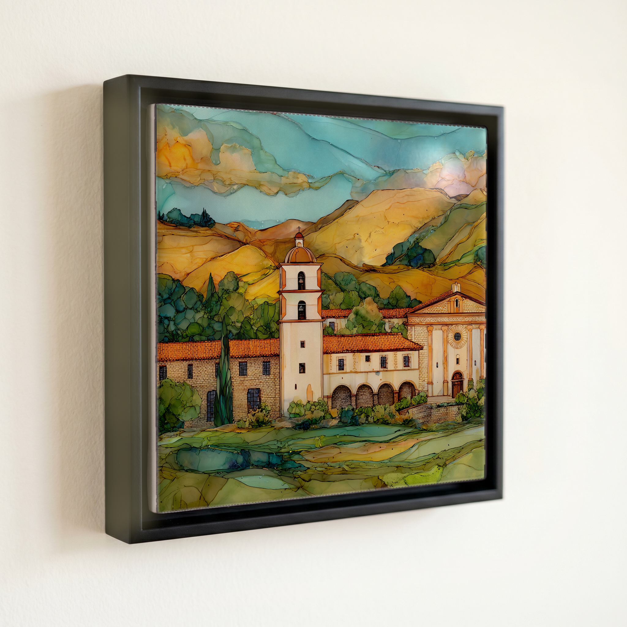 shown in a slim black floating frame · 6 × 6 in