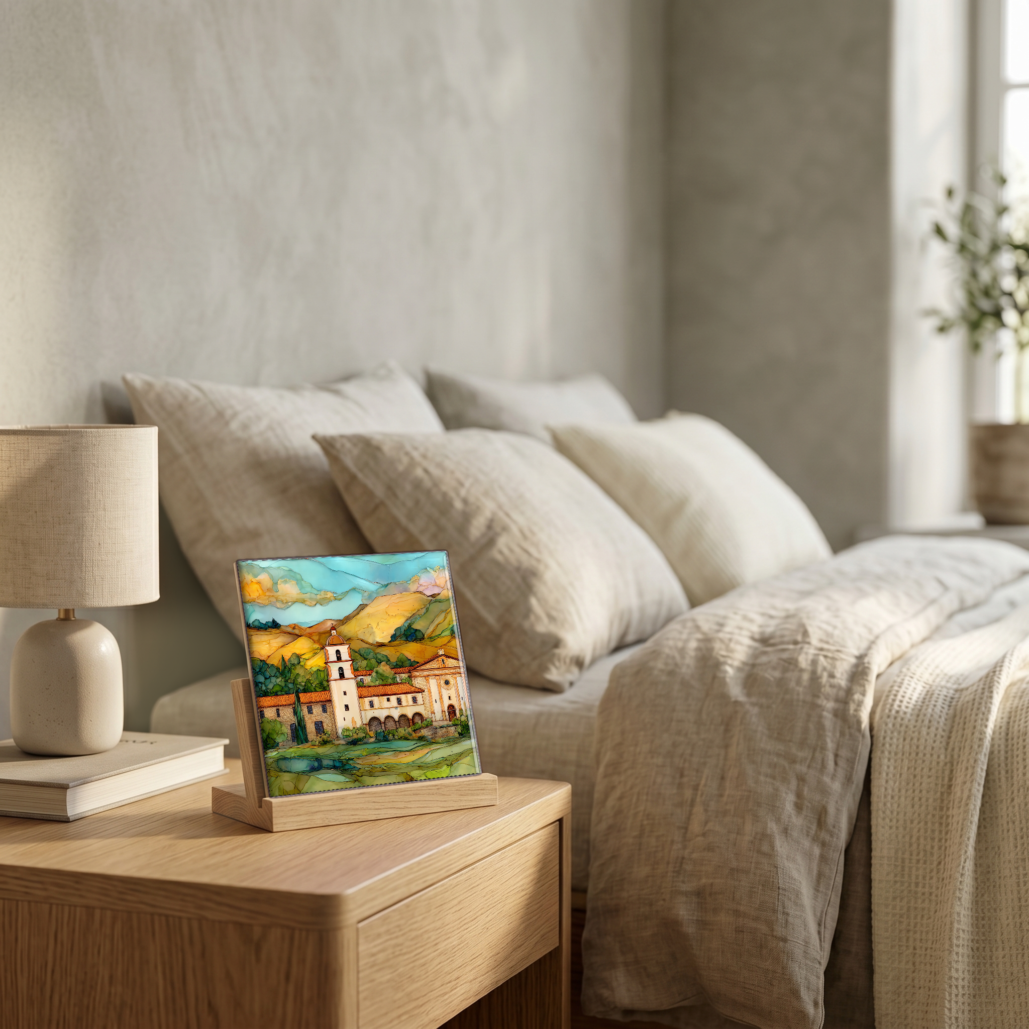 On the nightstand, on a light oak stand.