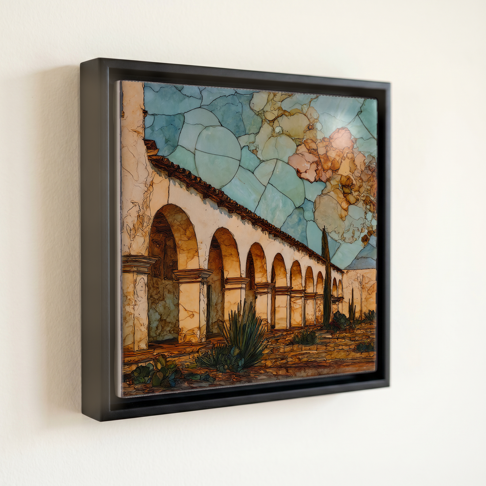 shown in a slim black floating frame · 6 × 6 in