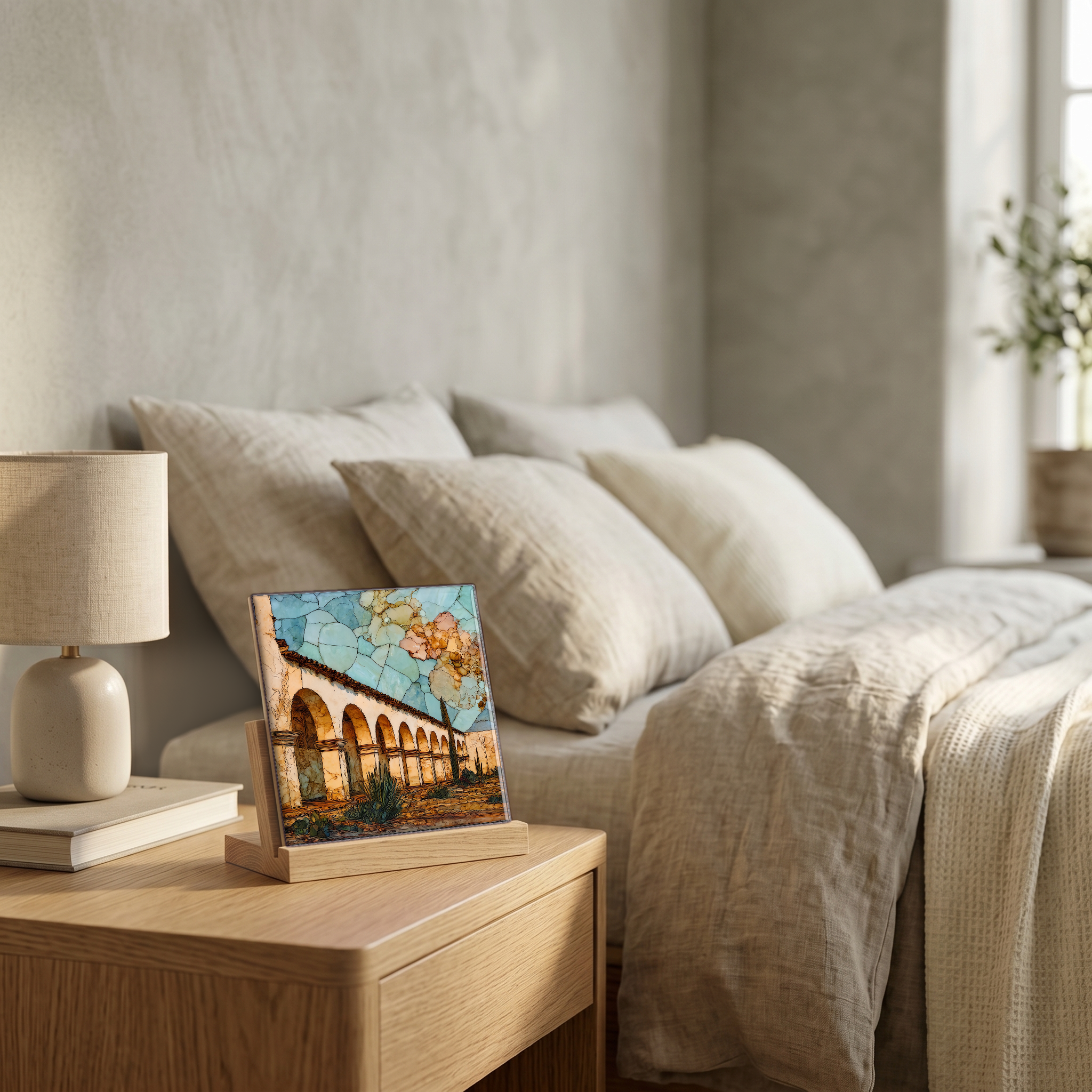 On the nightstand, on a light oak stand.