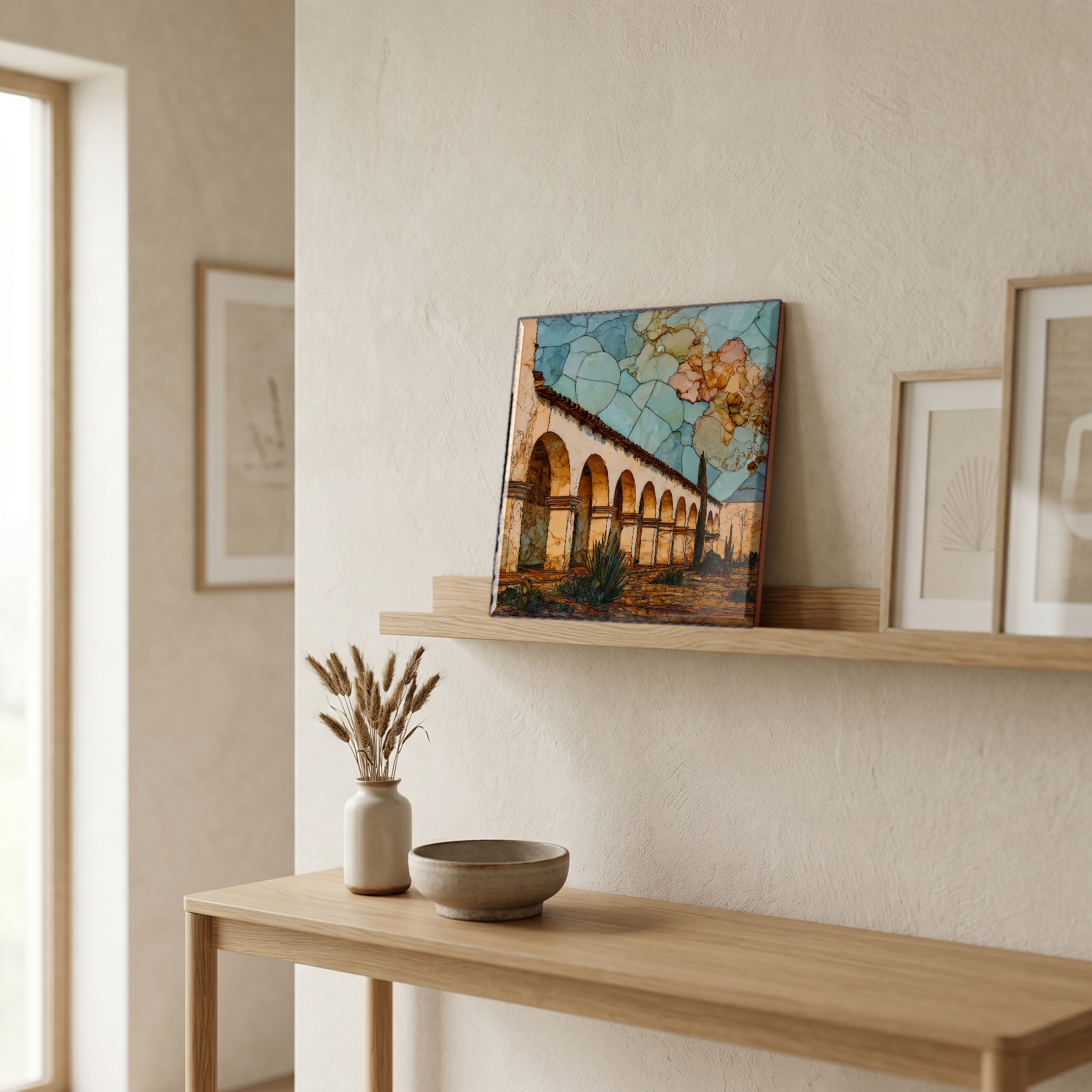 On a picture ledge, where the light comes in.