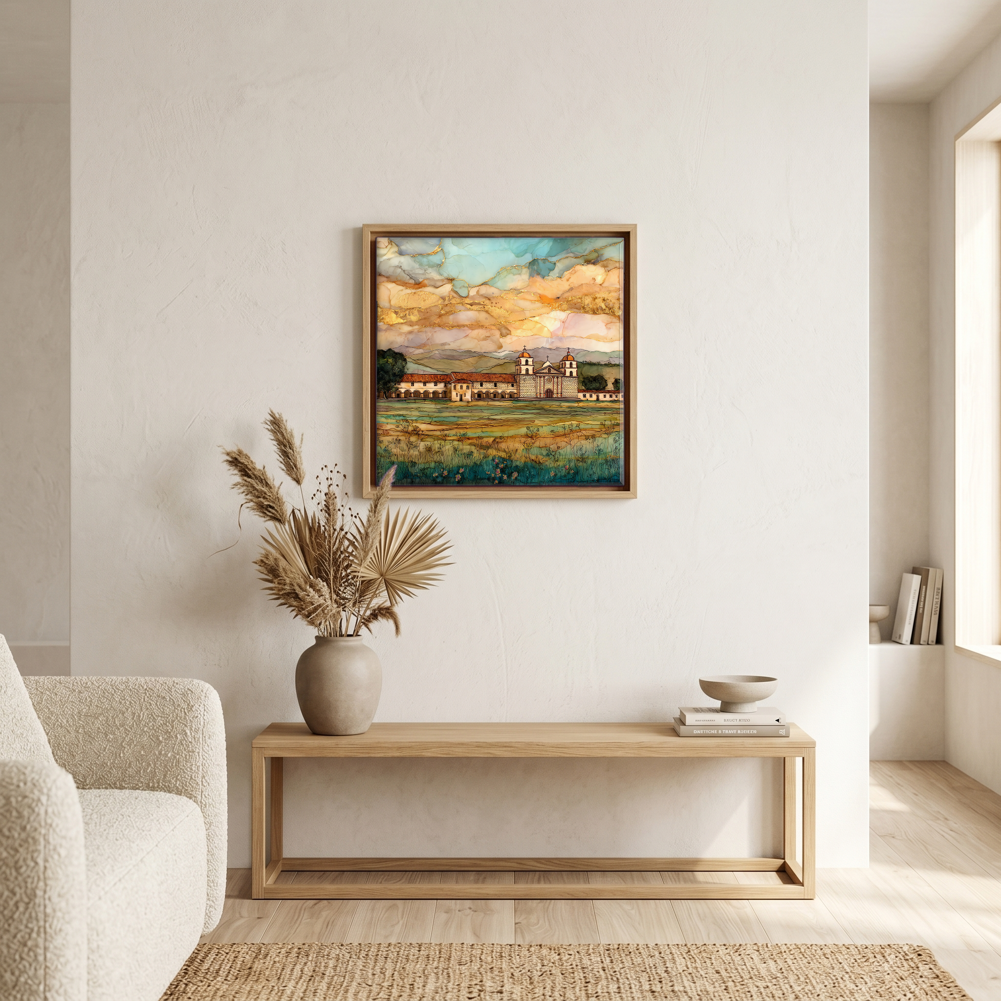 Above the bench, in a warm oak surround.