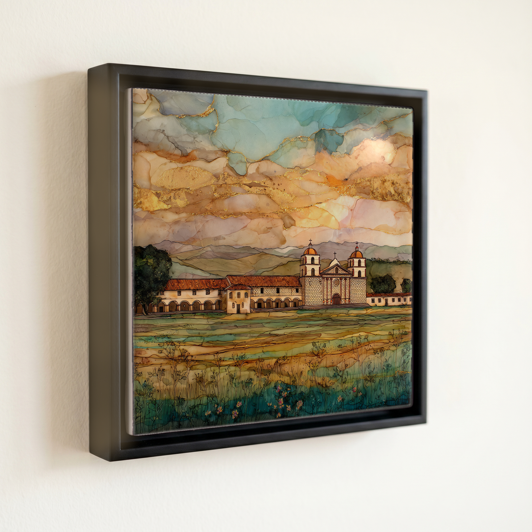 shown in a slim black floating frame · 6 × 6 in