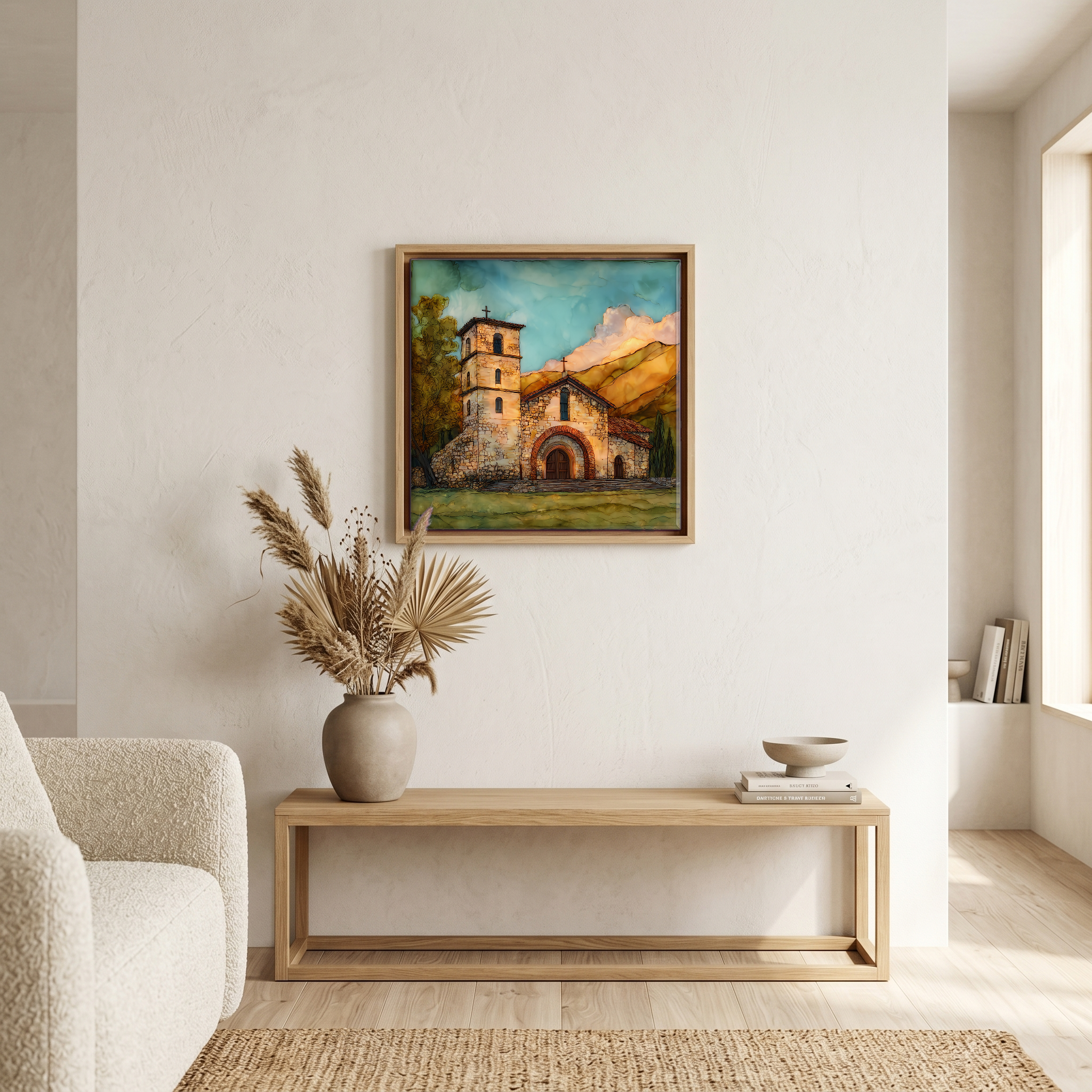 Above the bench, in a warm oak surround.