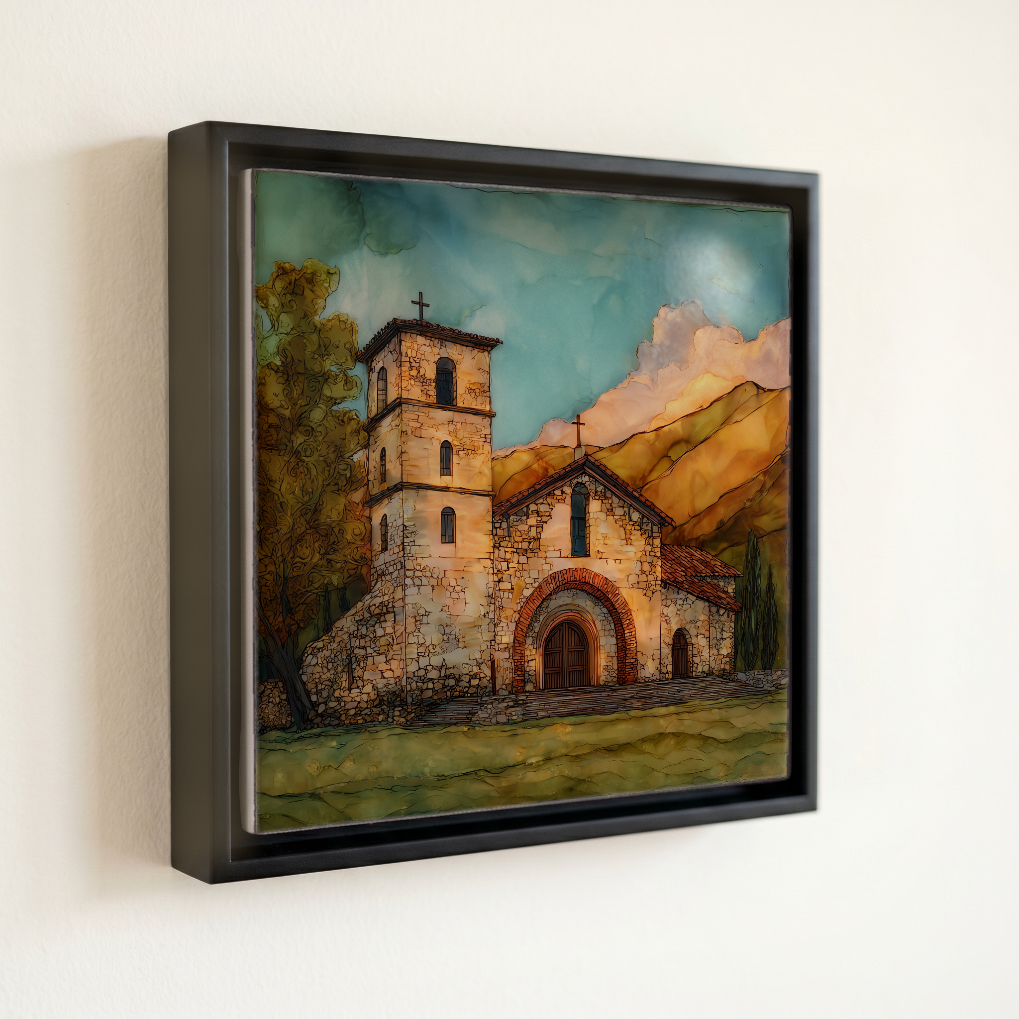 shown in a slim black floating frame · 6 × 6 in