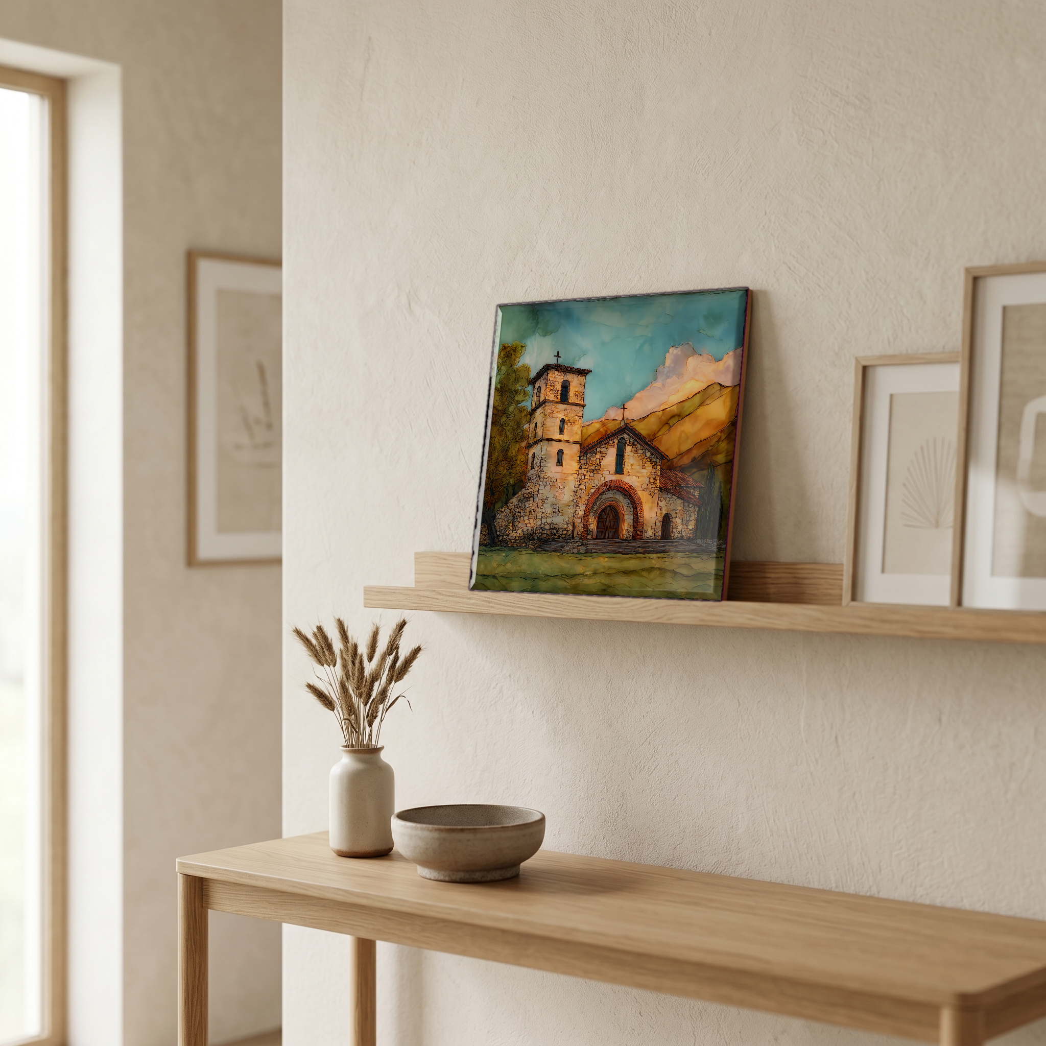 On a picture ledge, where the light comes in.