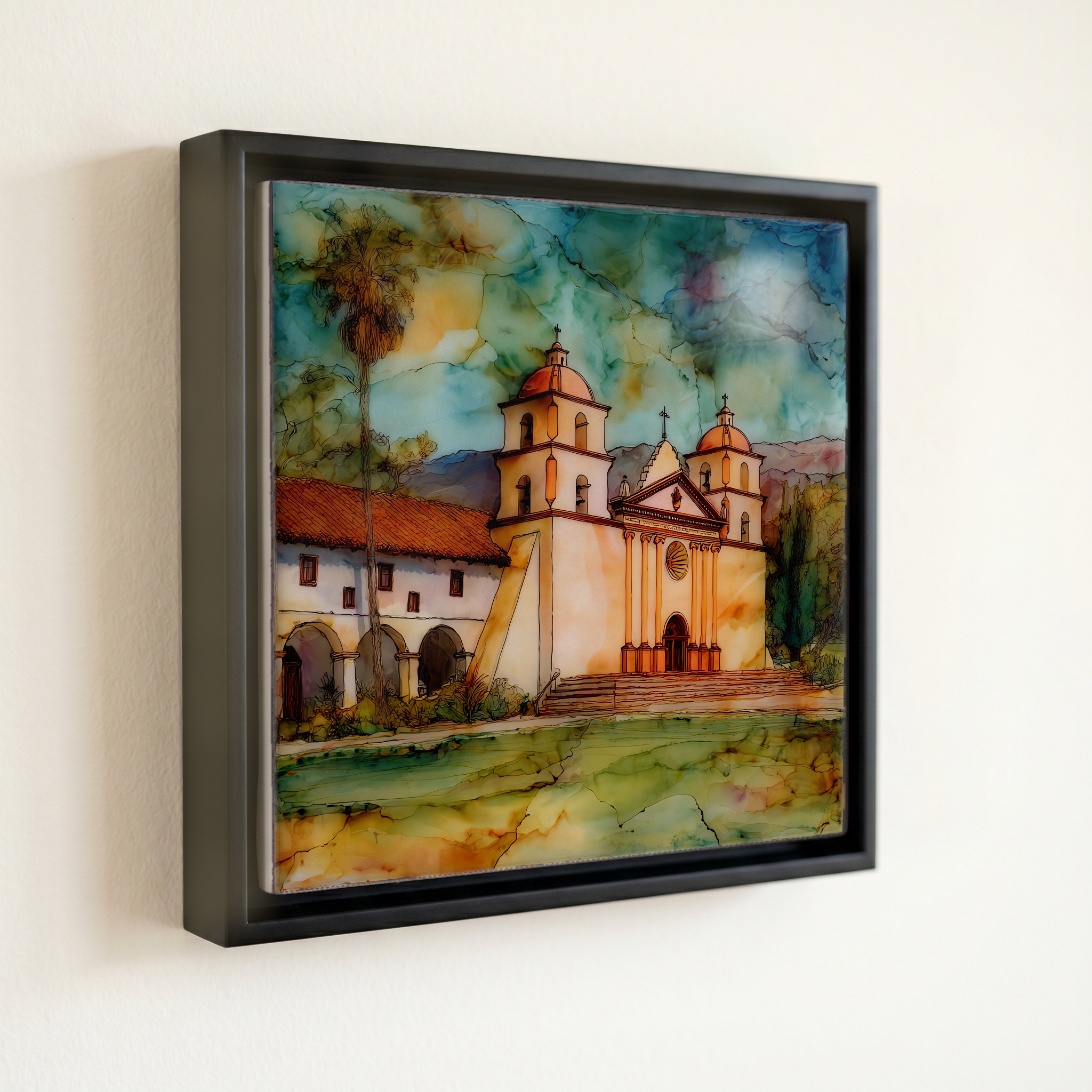 shown in a slim black floating frame · 6 × 6 in