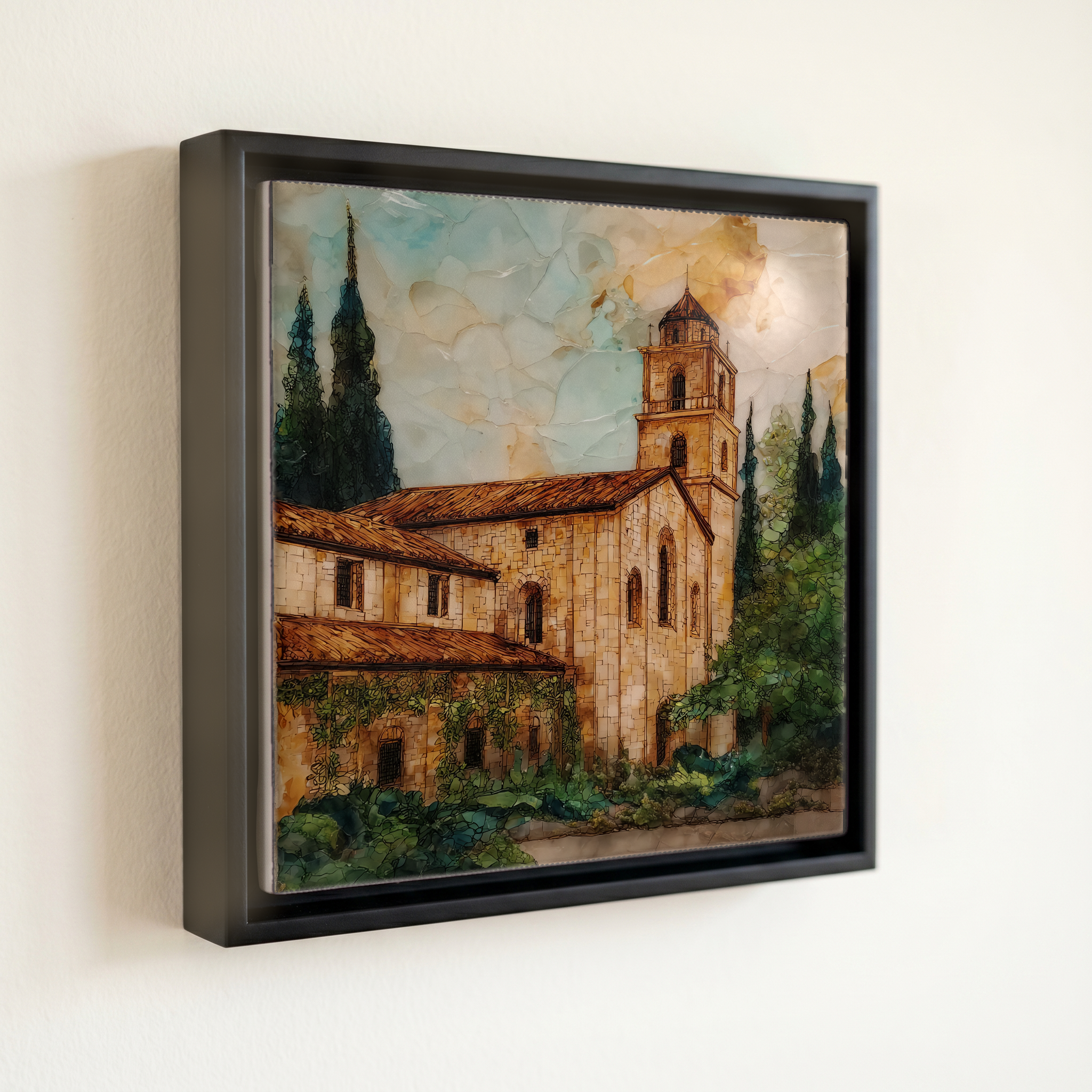 shown in a slim black floating frame · 6 × 6 in