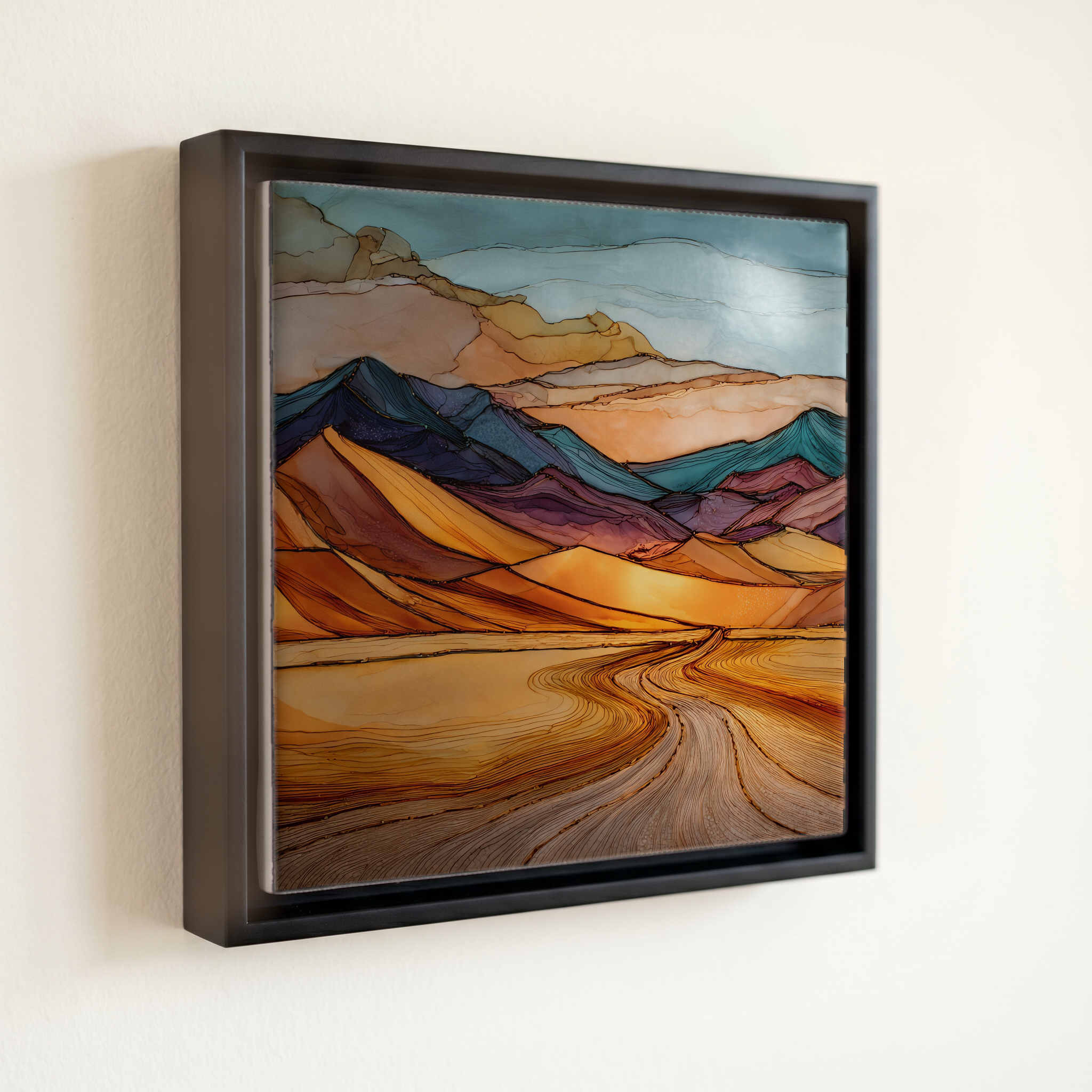 shown in a slim black floating frame · 6 × 6 in
