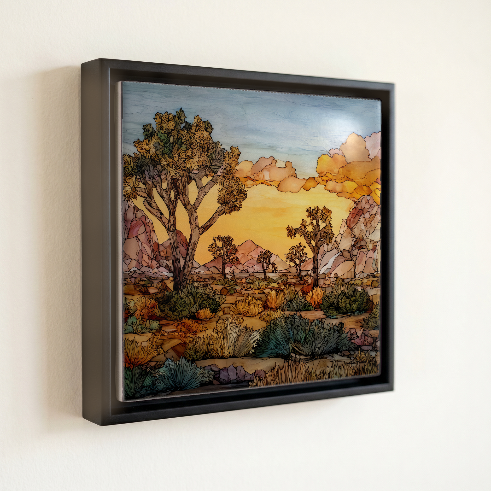 shown in a slim black floating frame · 6 × 6 in