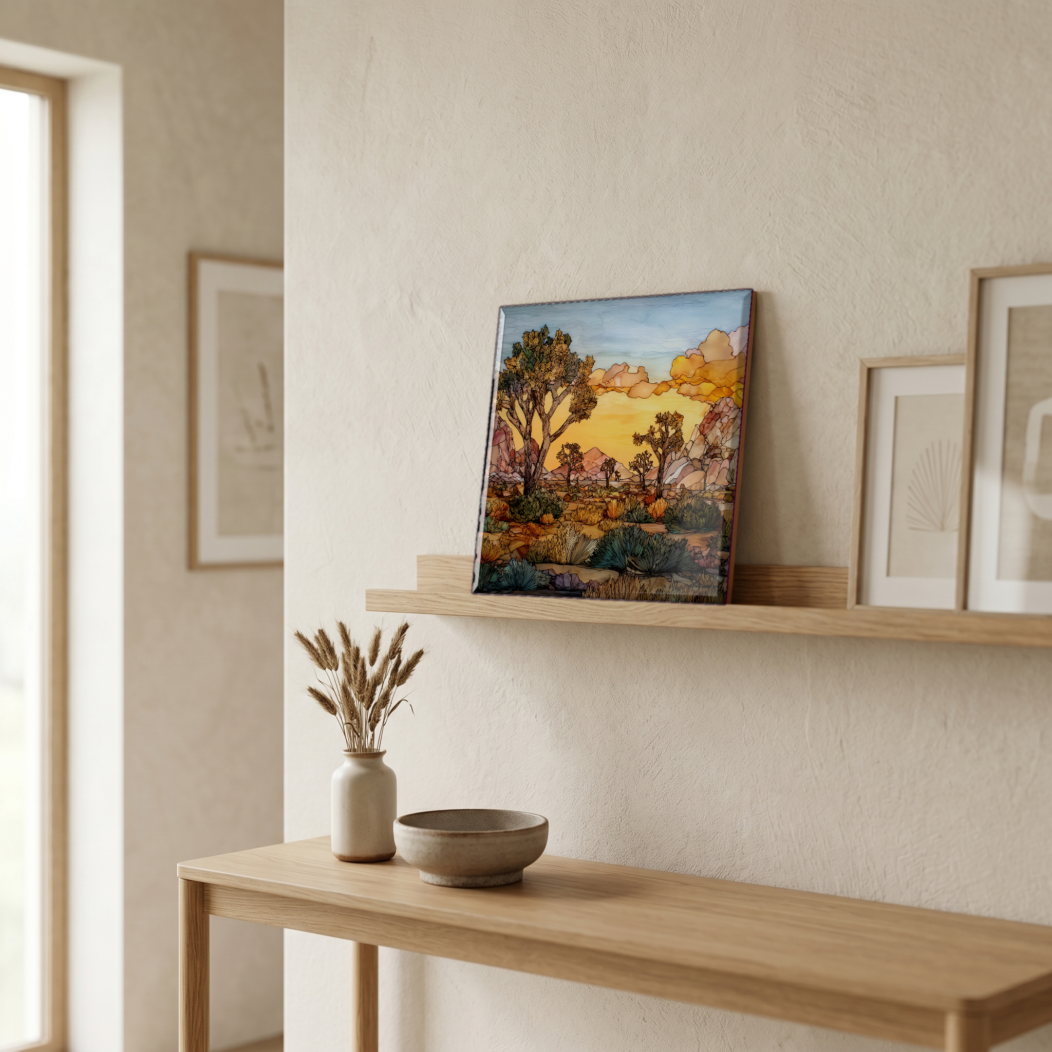 On a picture ledge, where the light comes in.