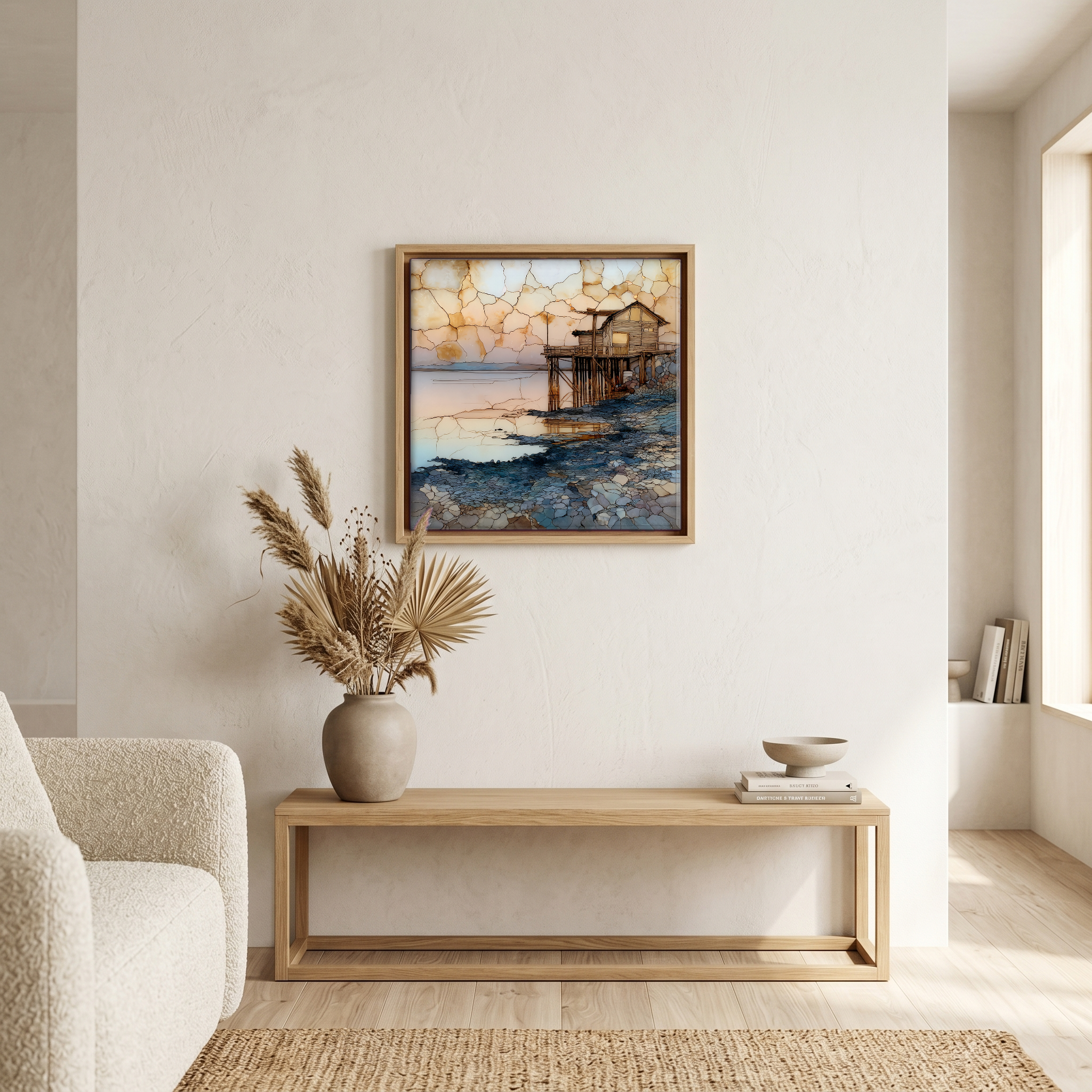 Above the bench, in a warm oak surround.