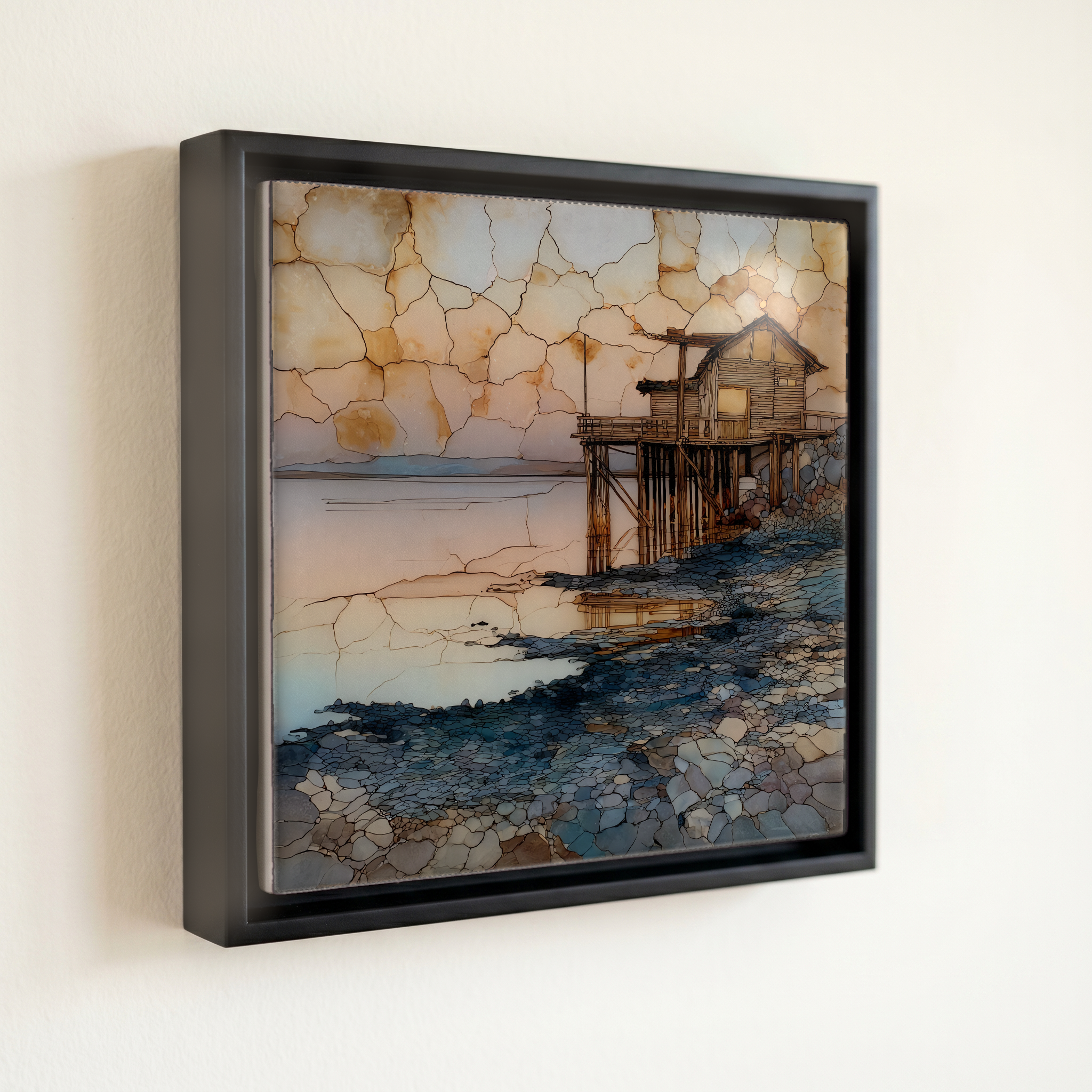 shown in a slim black floating frame · 6 × 6 in