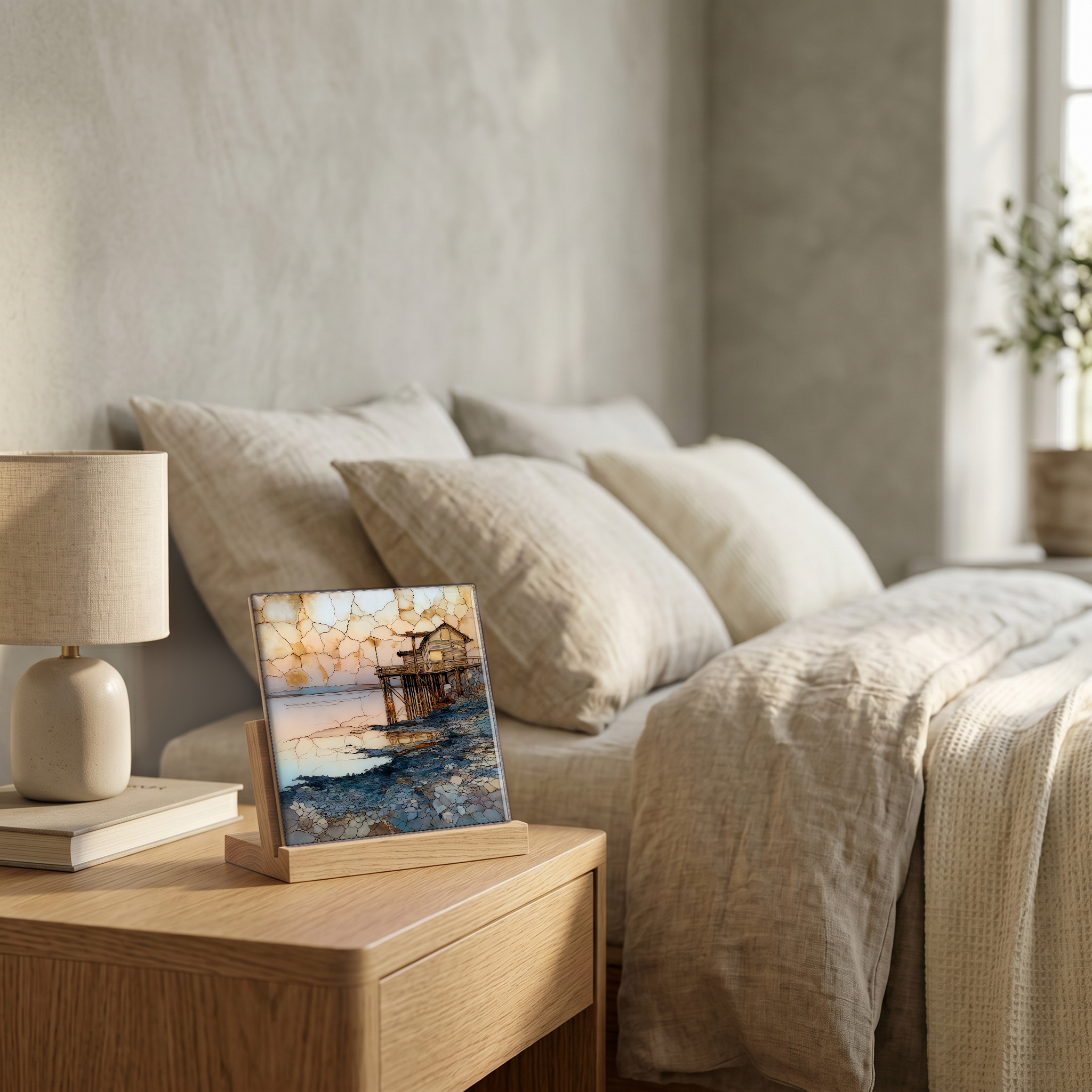 On the nightstand, on a light oak stand.