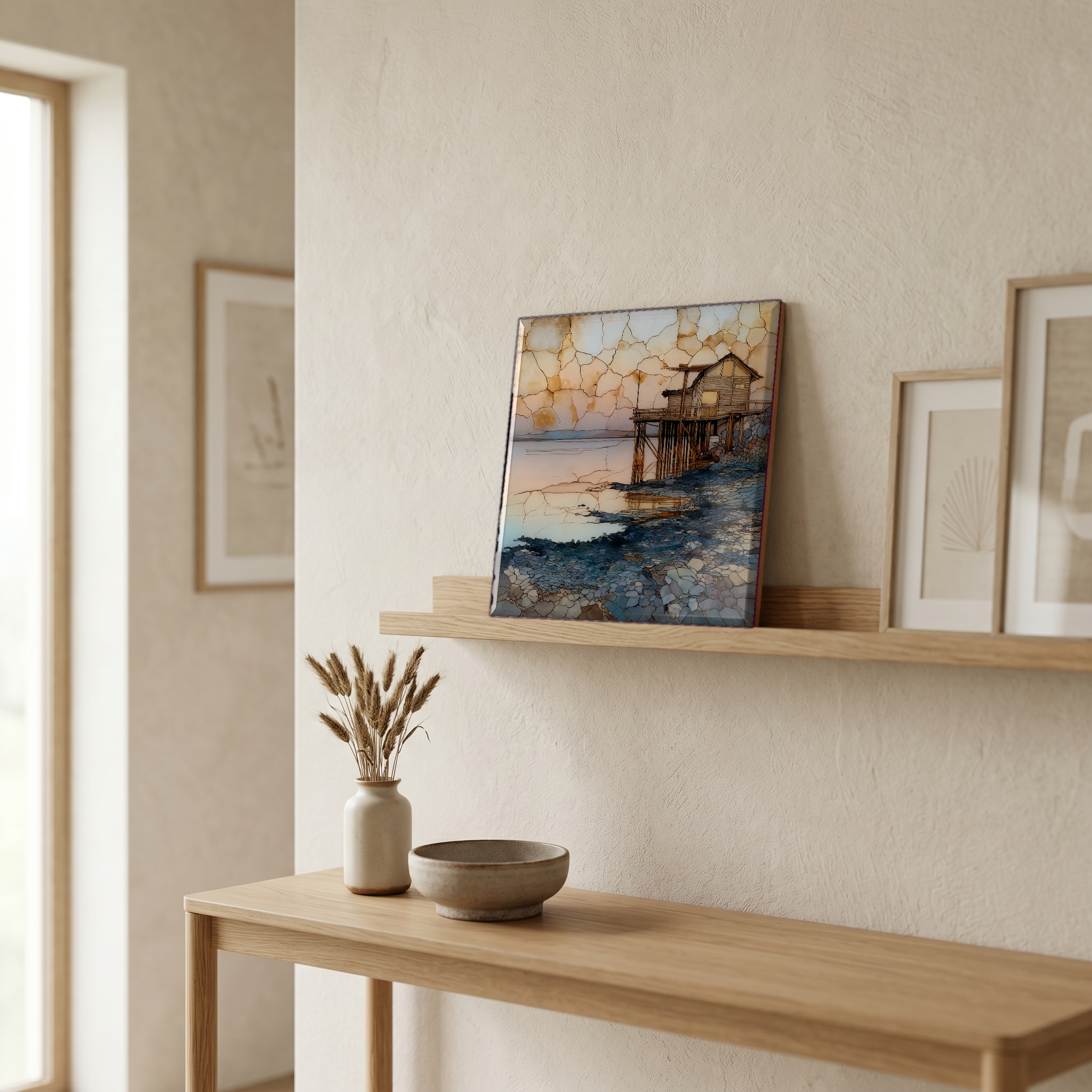 On a picture ledge, where the light comes in.