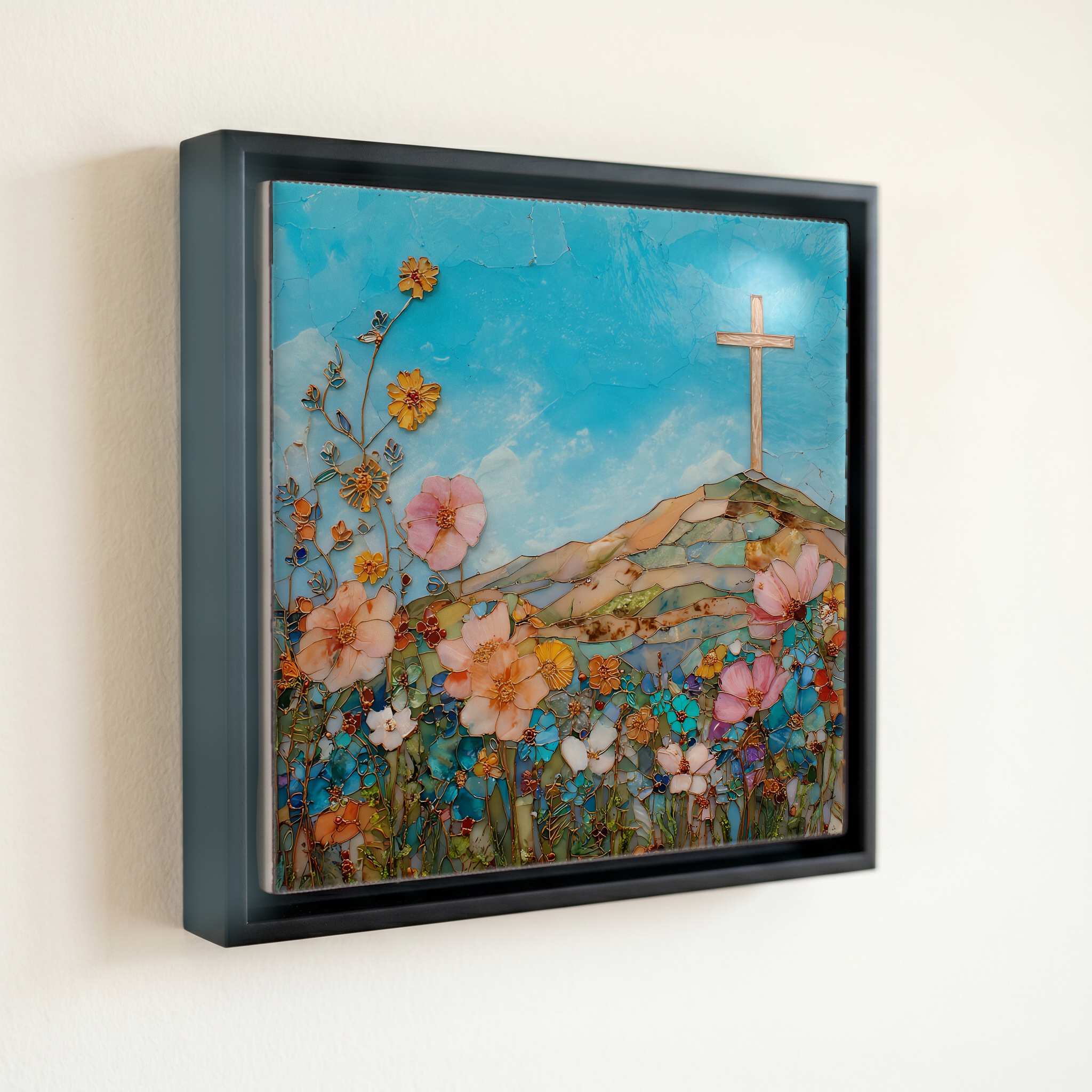 shown in a slim black floating frame · 6 × 6 in