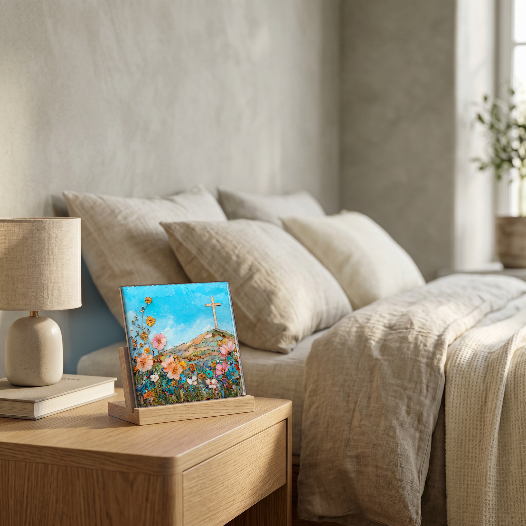 On the nightstand, on a light oak stand.