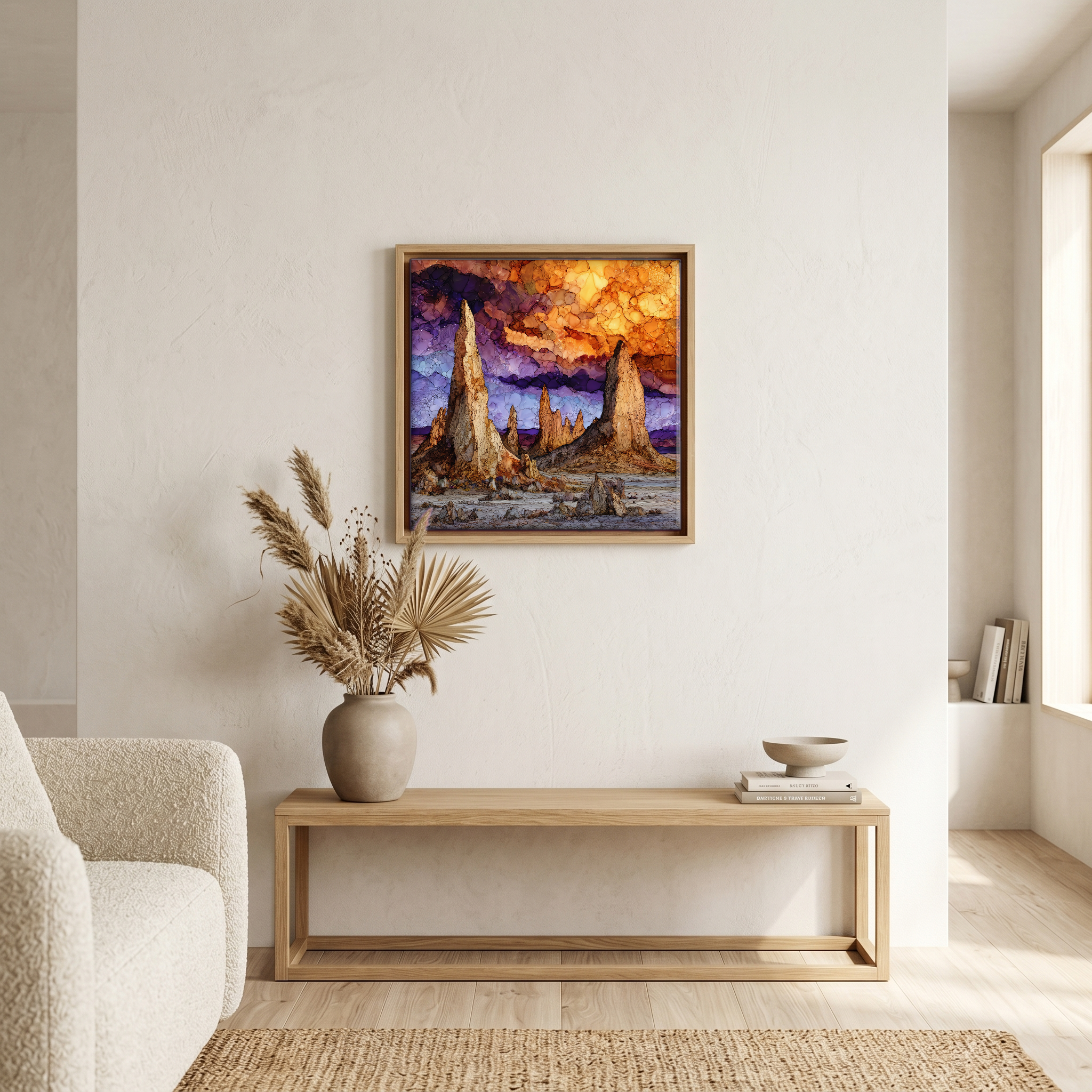 Above the bench, in a warm oak surround.
