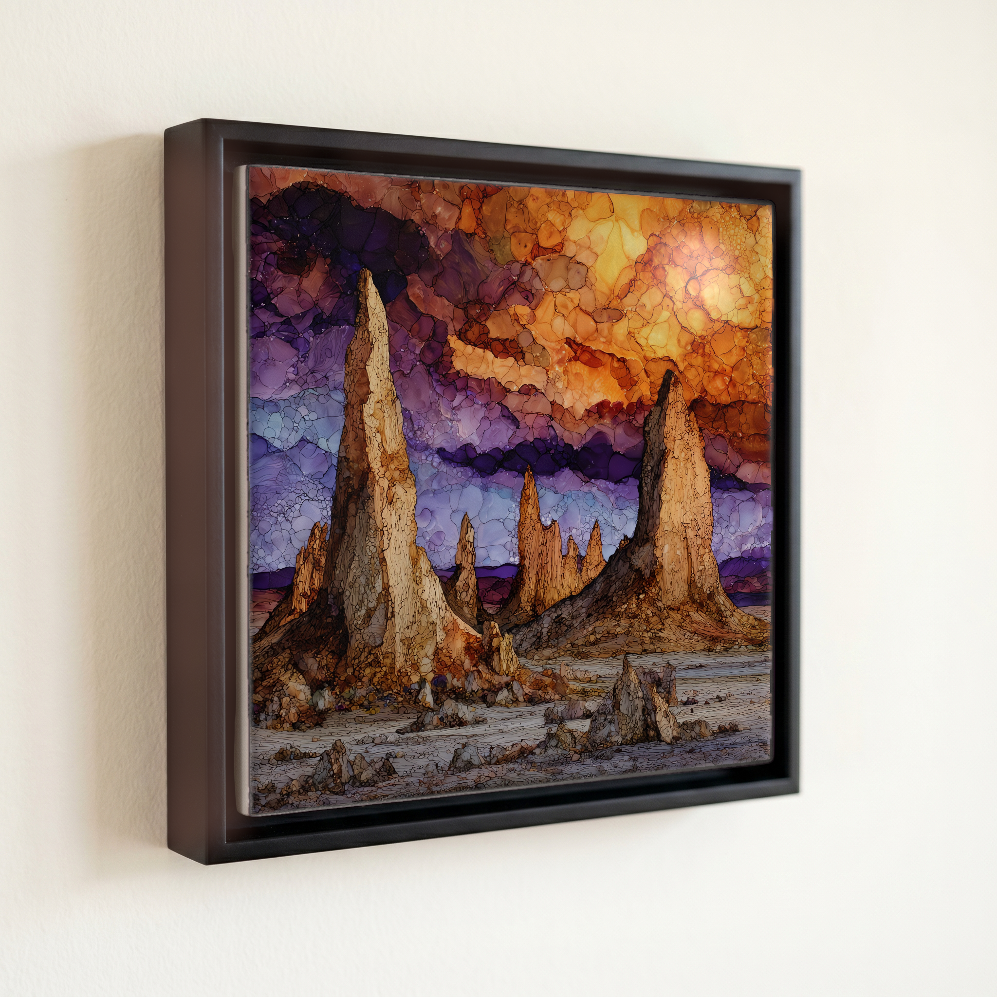 shown in a slim black floating frame · 6 × 6 in