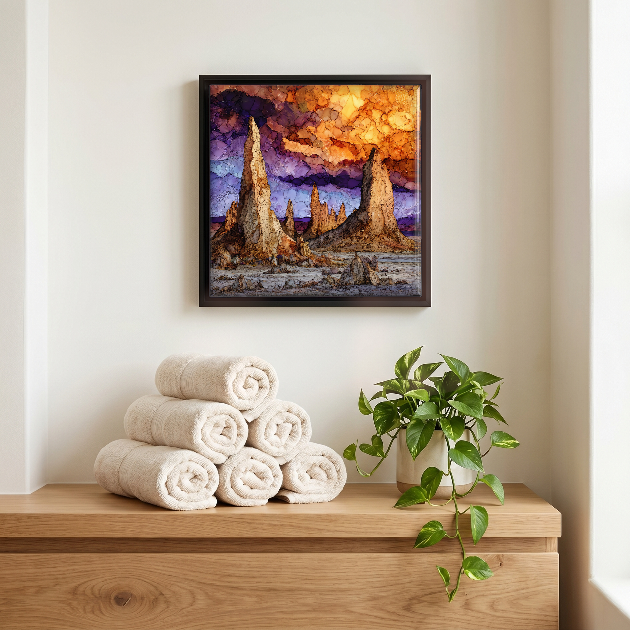 Above the linens, in a slim black surround.