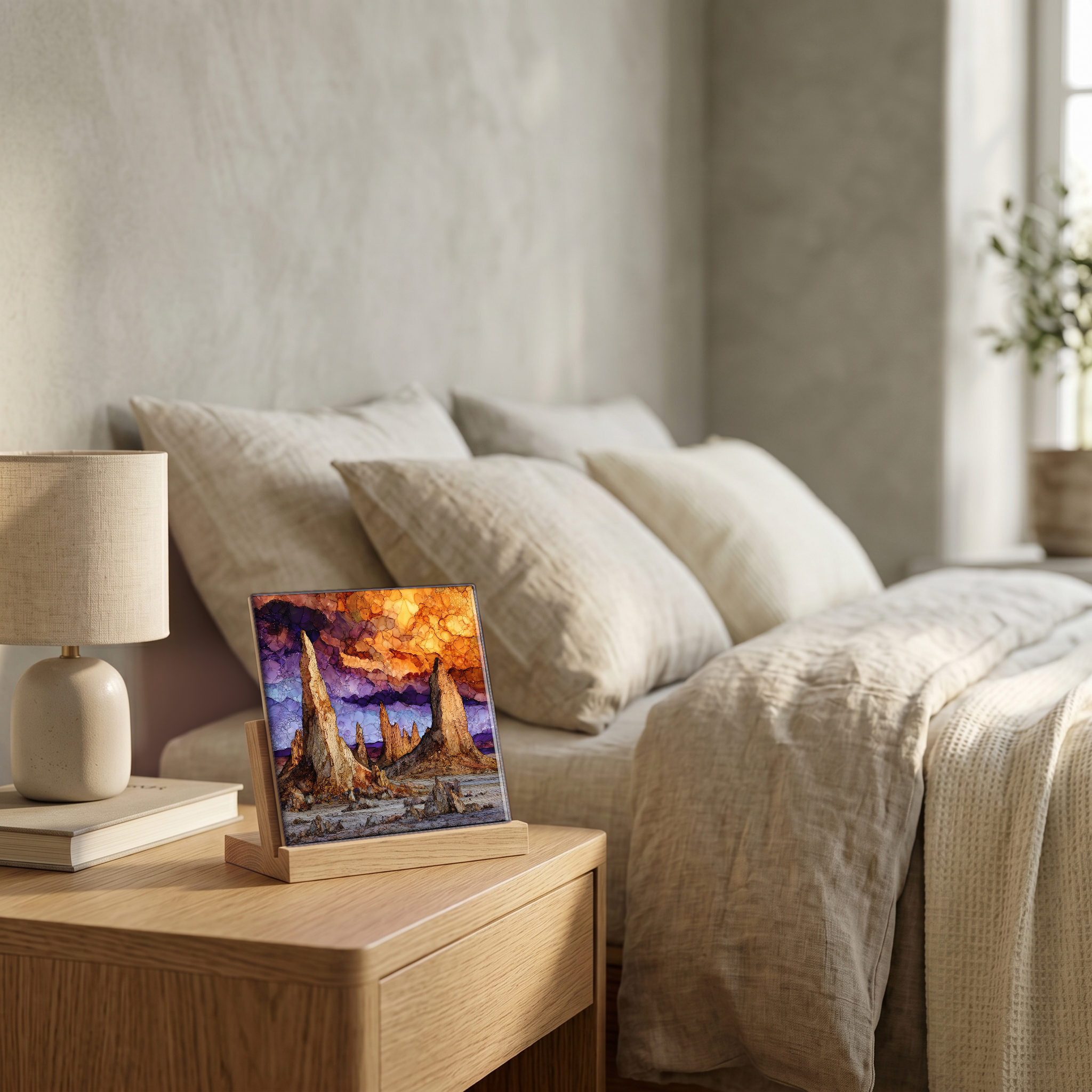 On the nightstand, on a light oak stand.