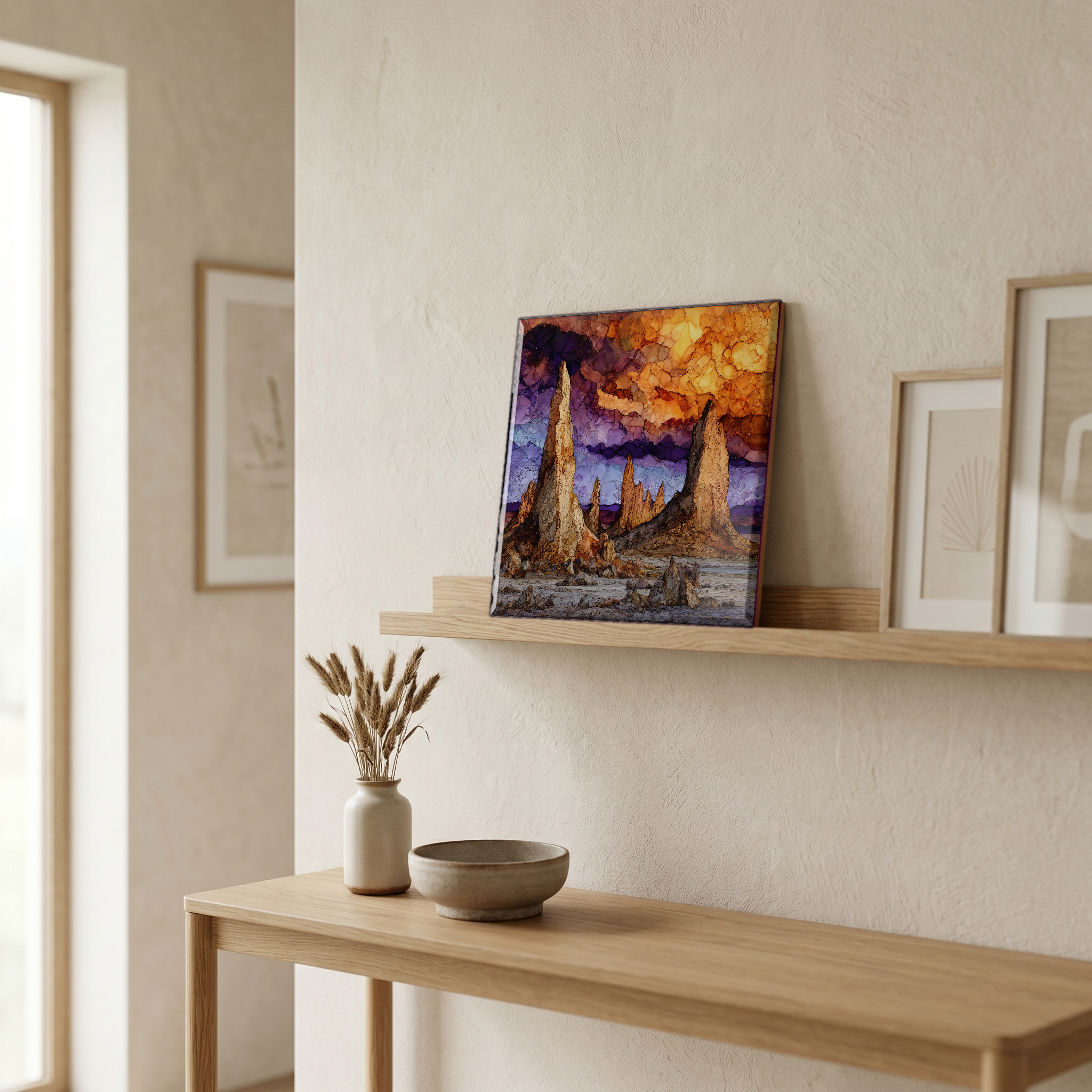 On a picture ledge, where the light comes in.