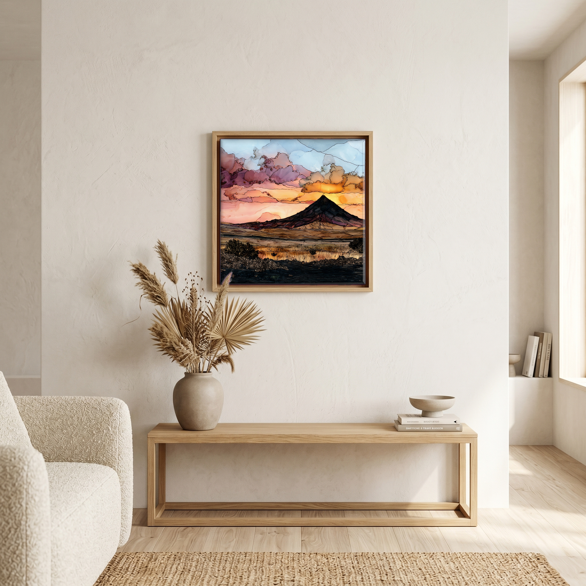 Above the bench, in a warm oak surround.