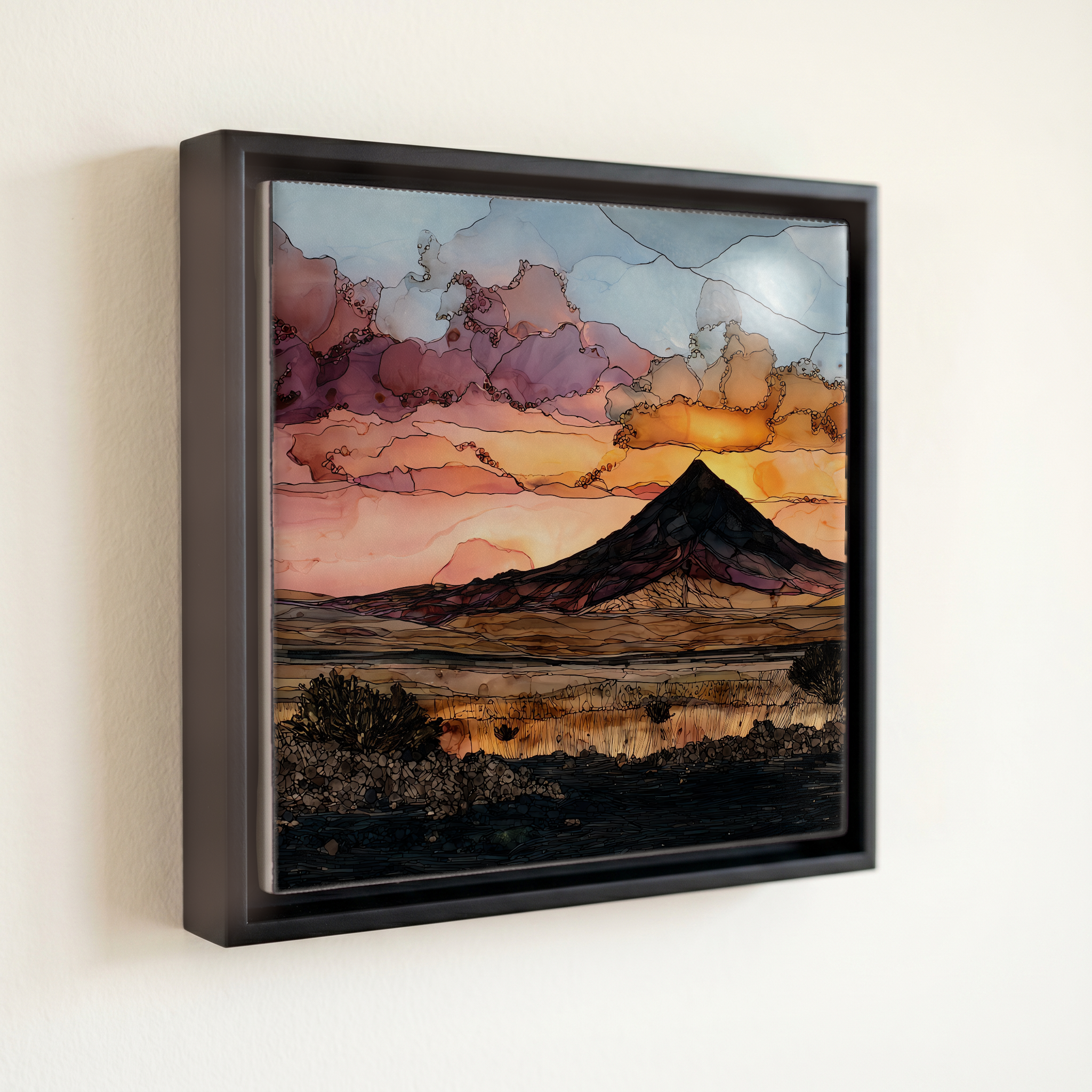 shown in a slim black floating frame · 6 × 6 in