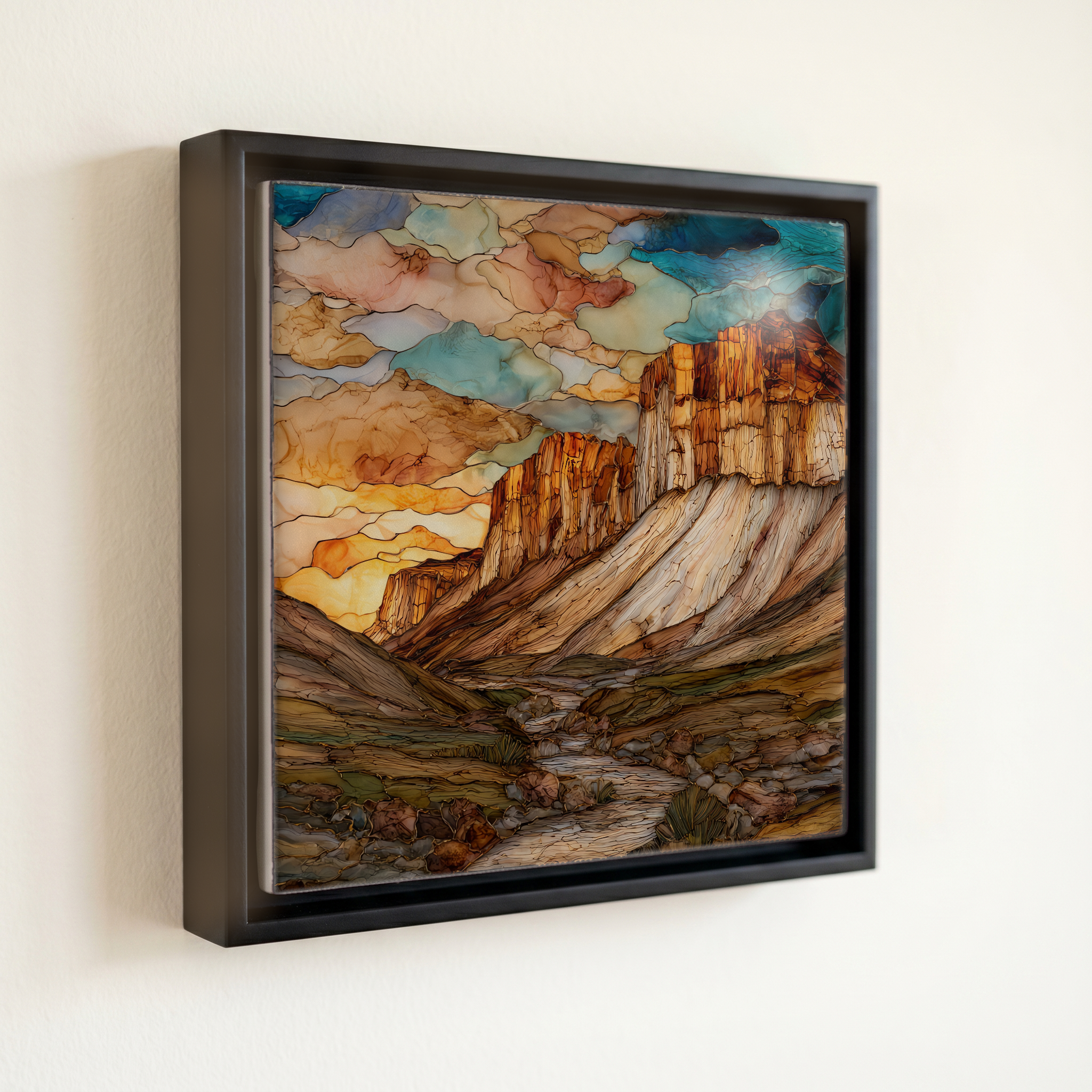 shown in a slim black floating frame · 6 × 6 in