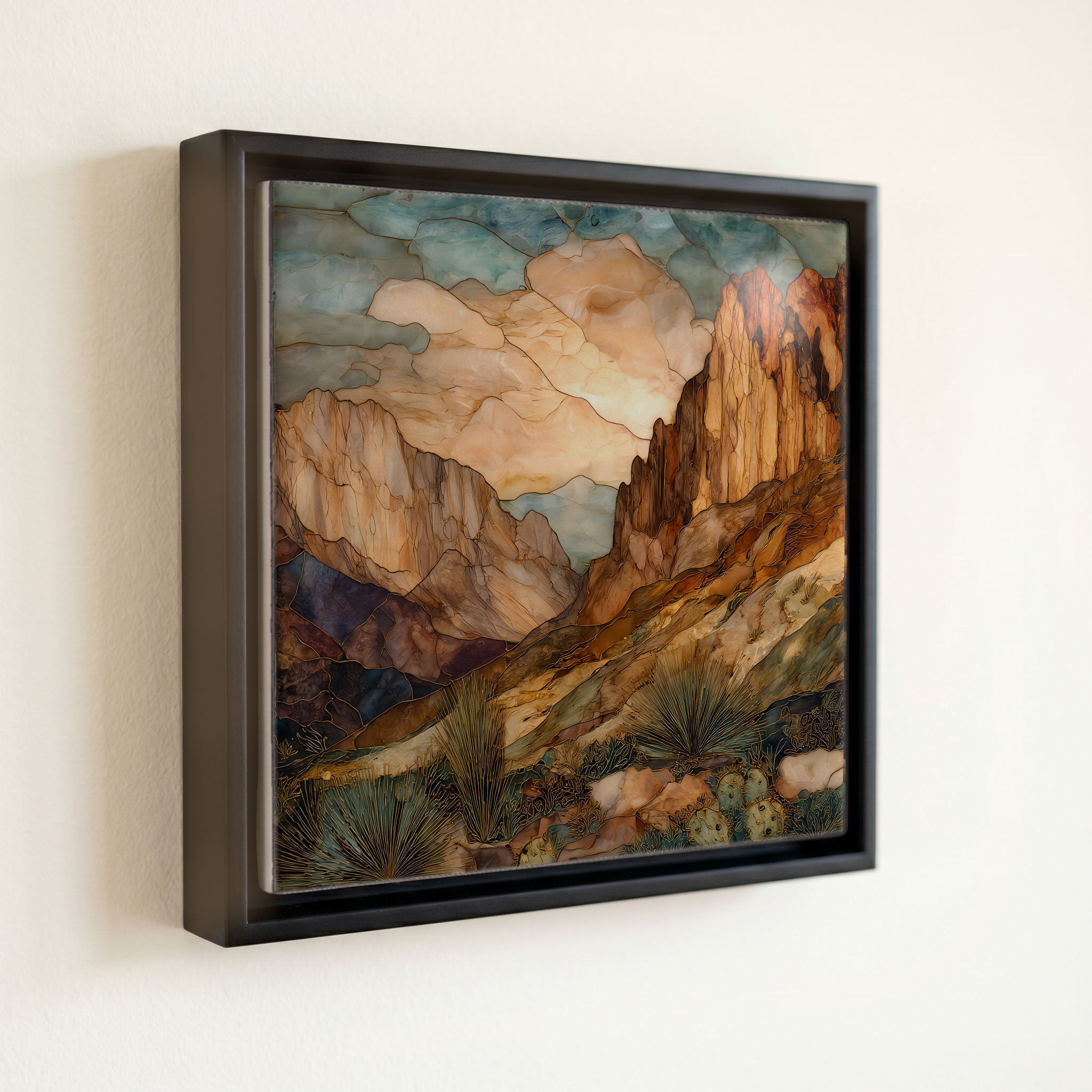 shown in a slim black floating frame · 6 × 6 in