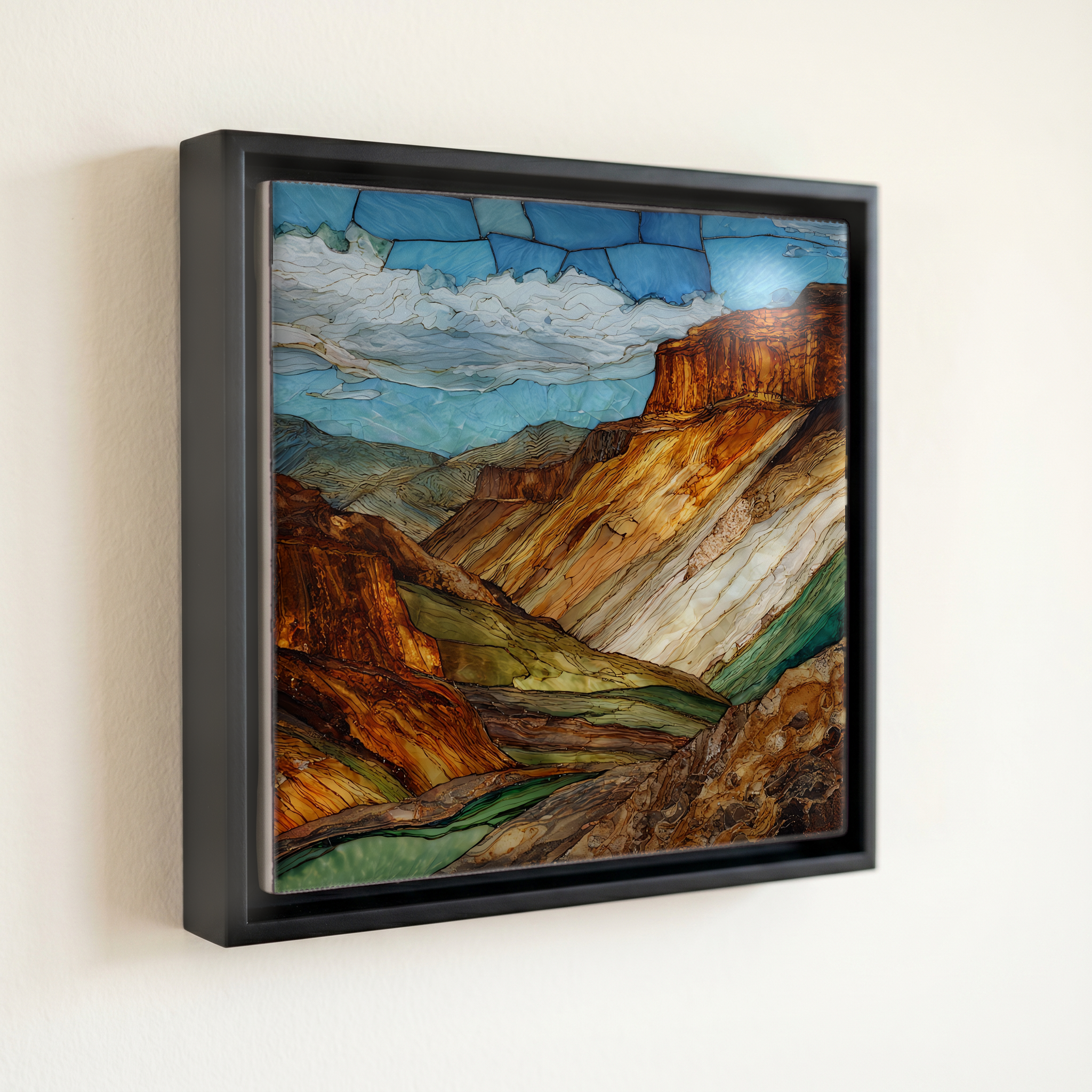 shown in a slim black floating frame · 6 × 6 in