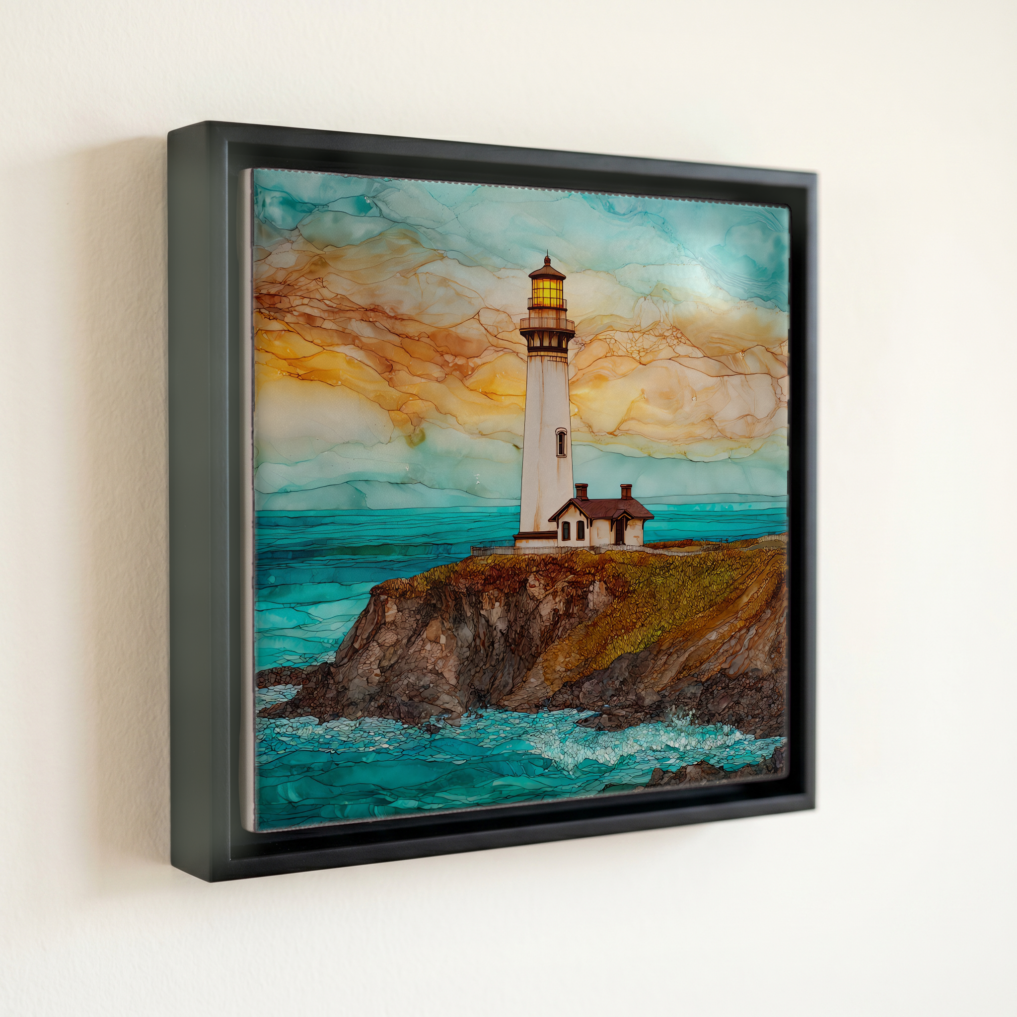 shown in a slim black floating frame · 6 × 6 in