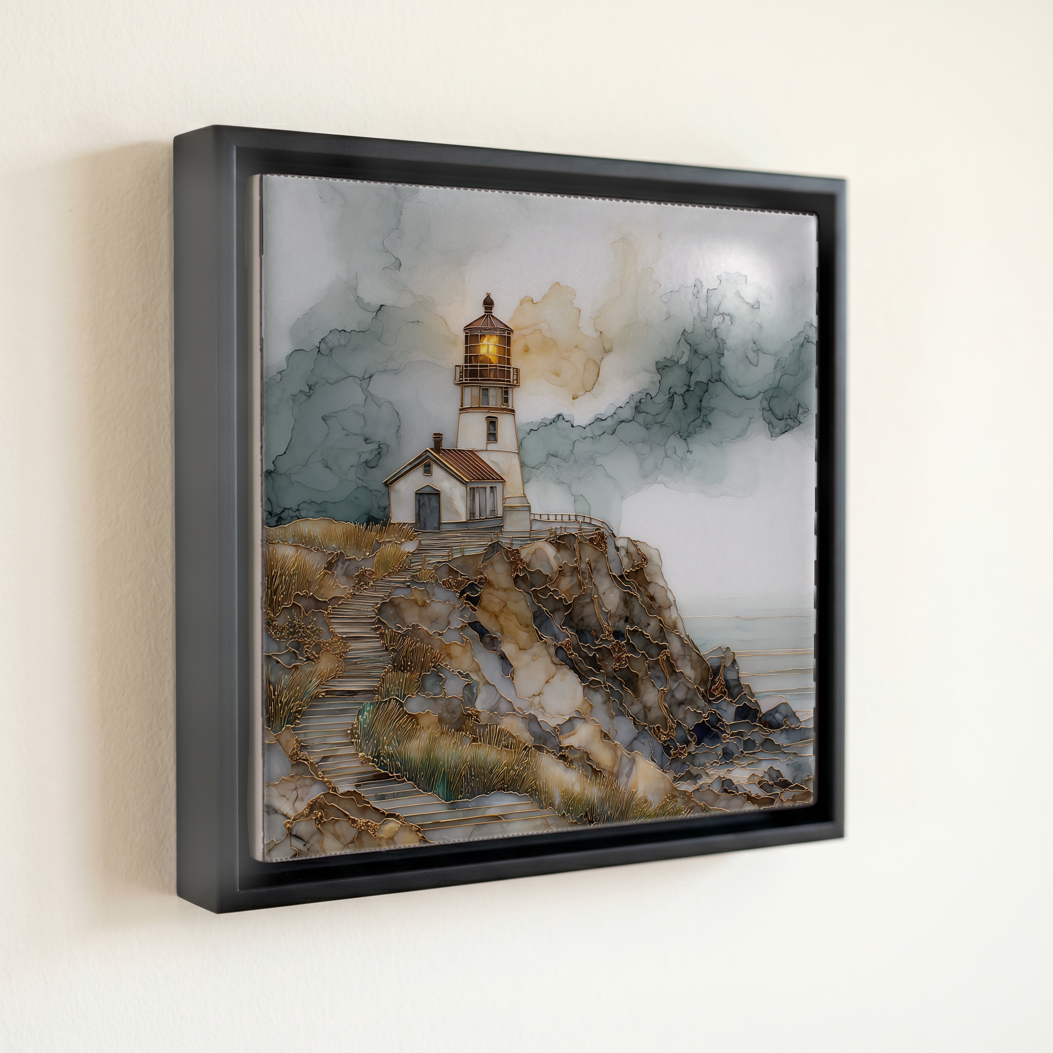 shown in a slim black floating frame · 6 × 6 in