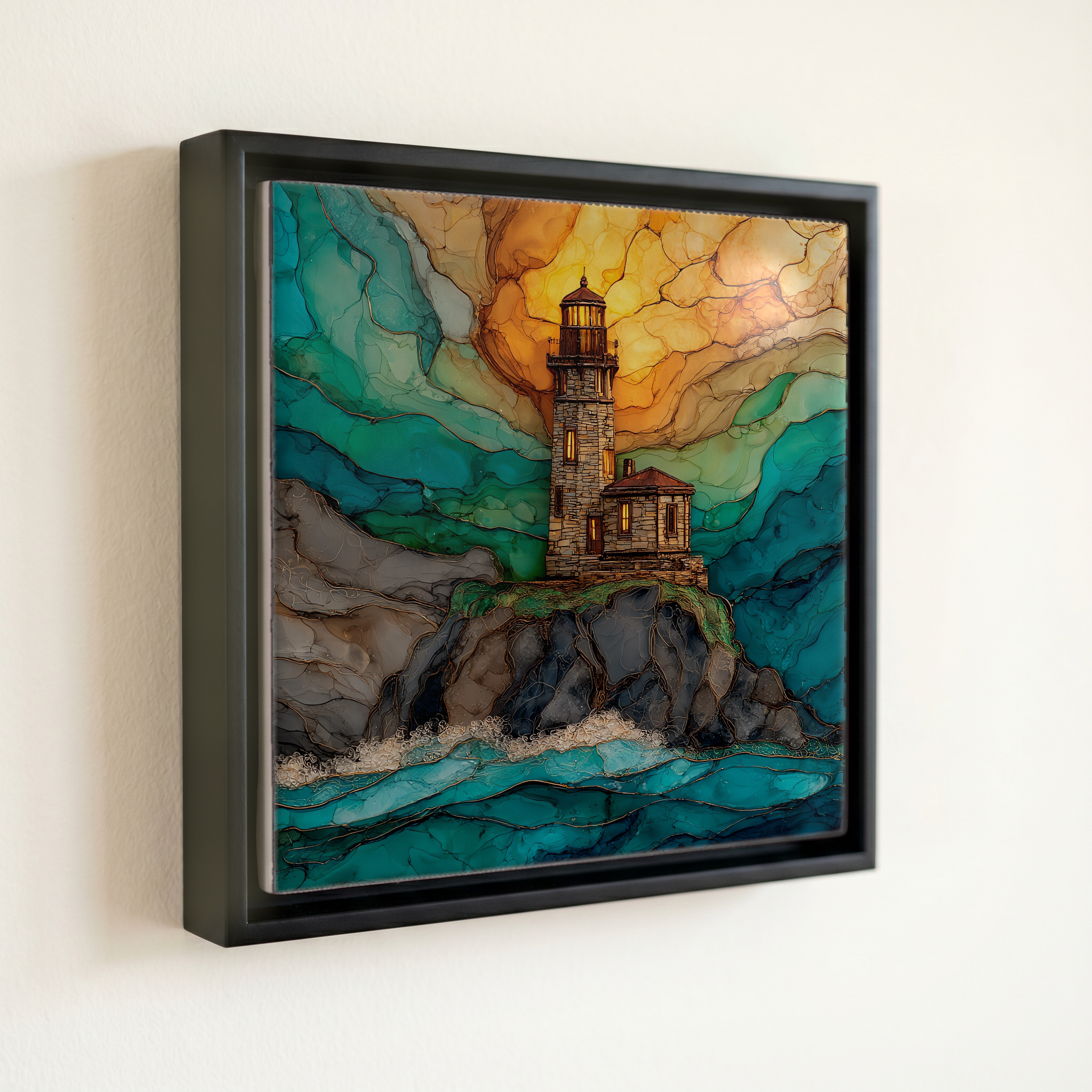 shown in a slim black floating frame · 6 × 6 in