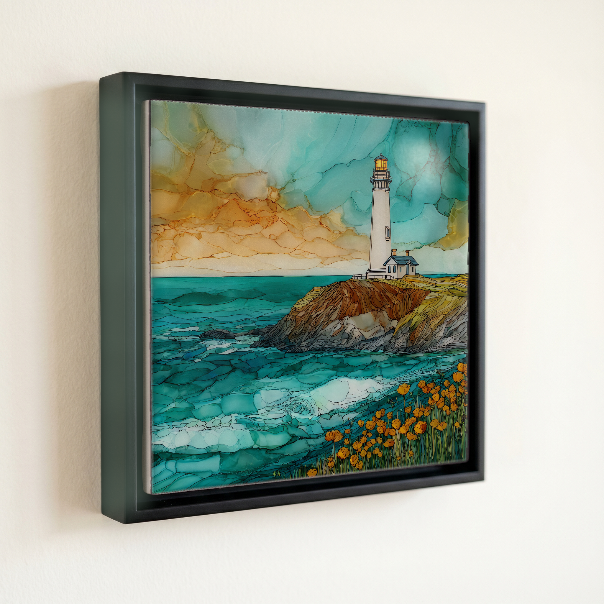 shown in a slim black floating frame · 6 × 6 in