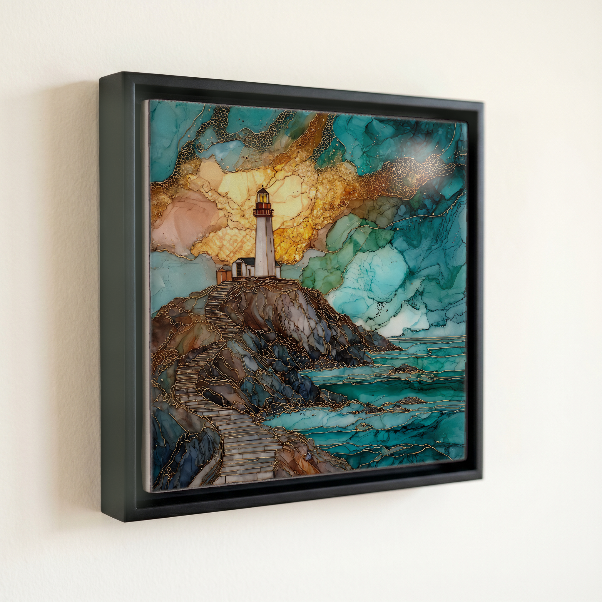 shown in a slim black floating frame · 6 × 6 in