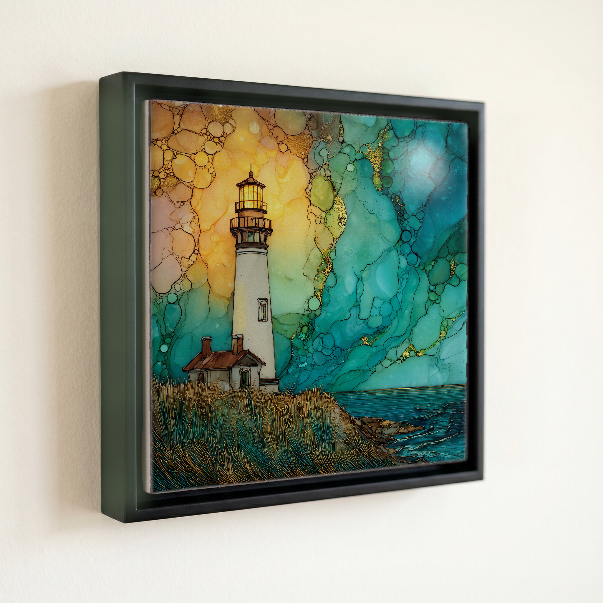 shown in a slim black floating frame · 6 × 6 in