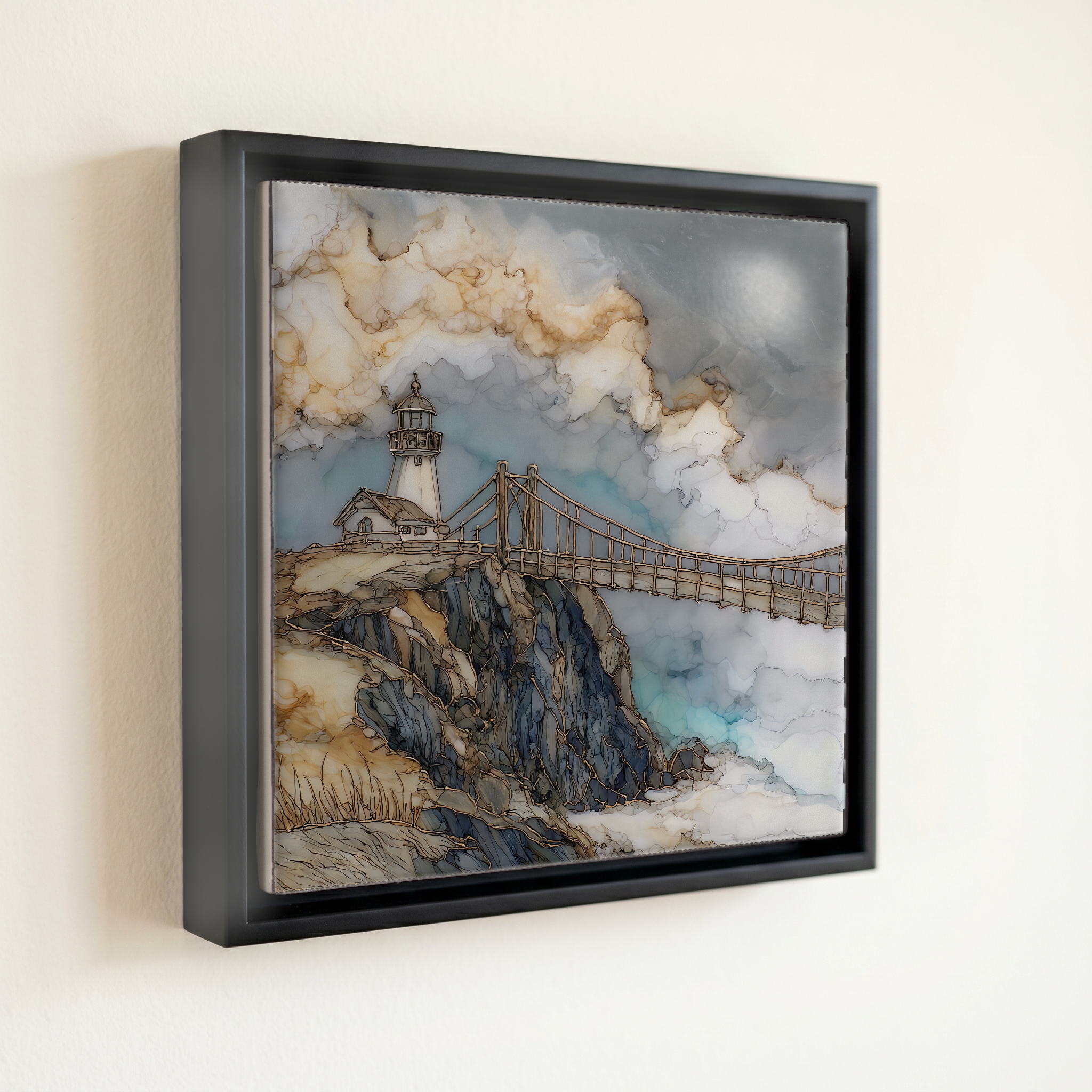 shown in a slim black floating frame · 6 × 6 in