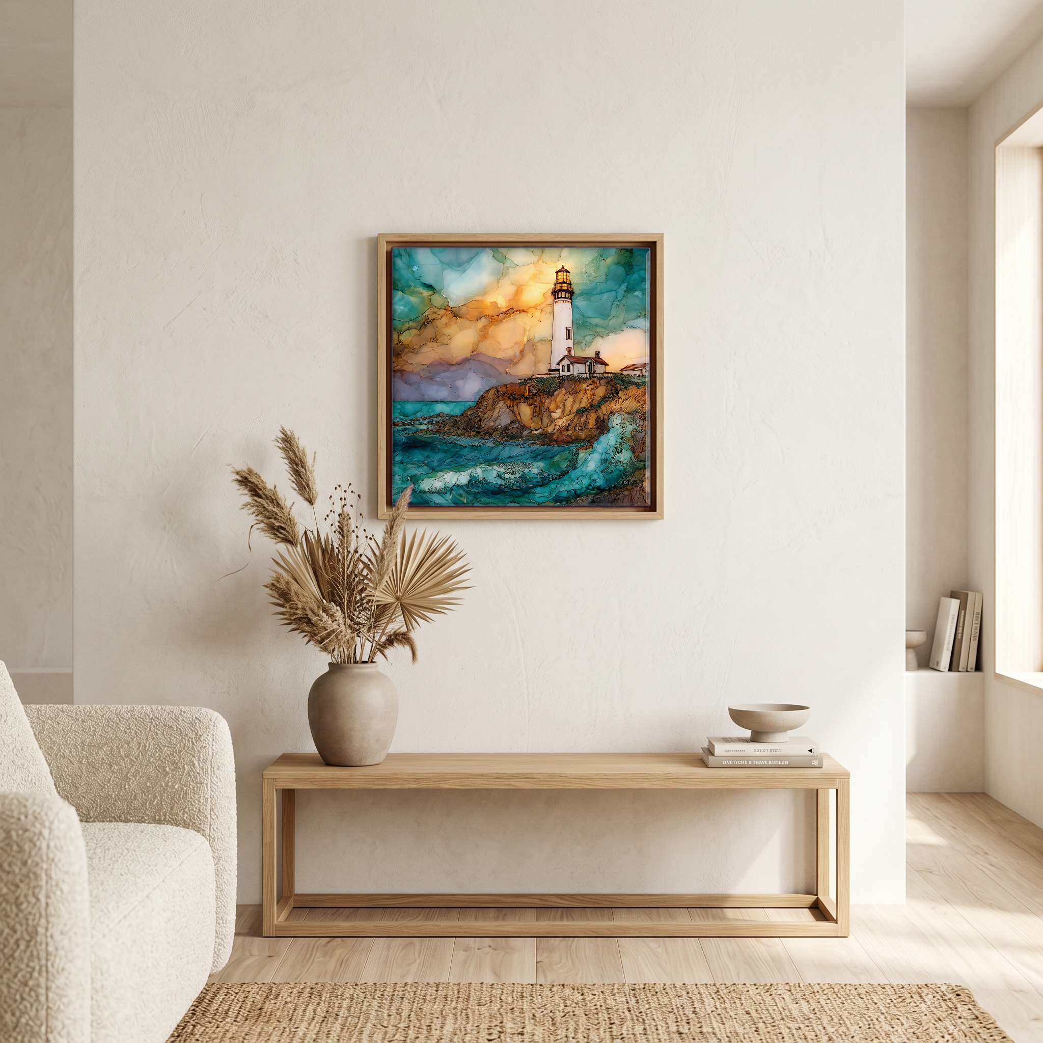 Above the bench, in a warm oak surround.