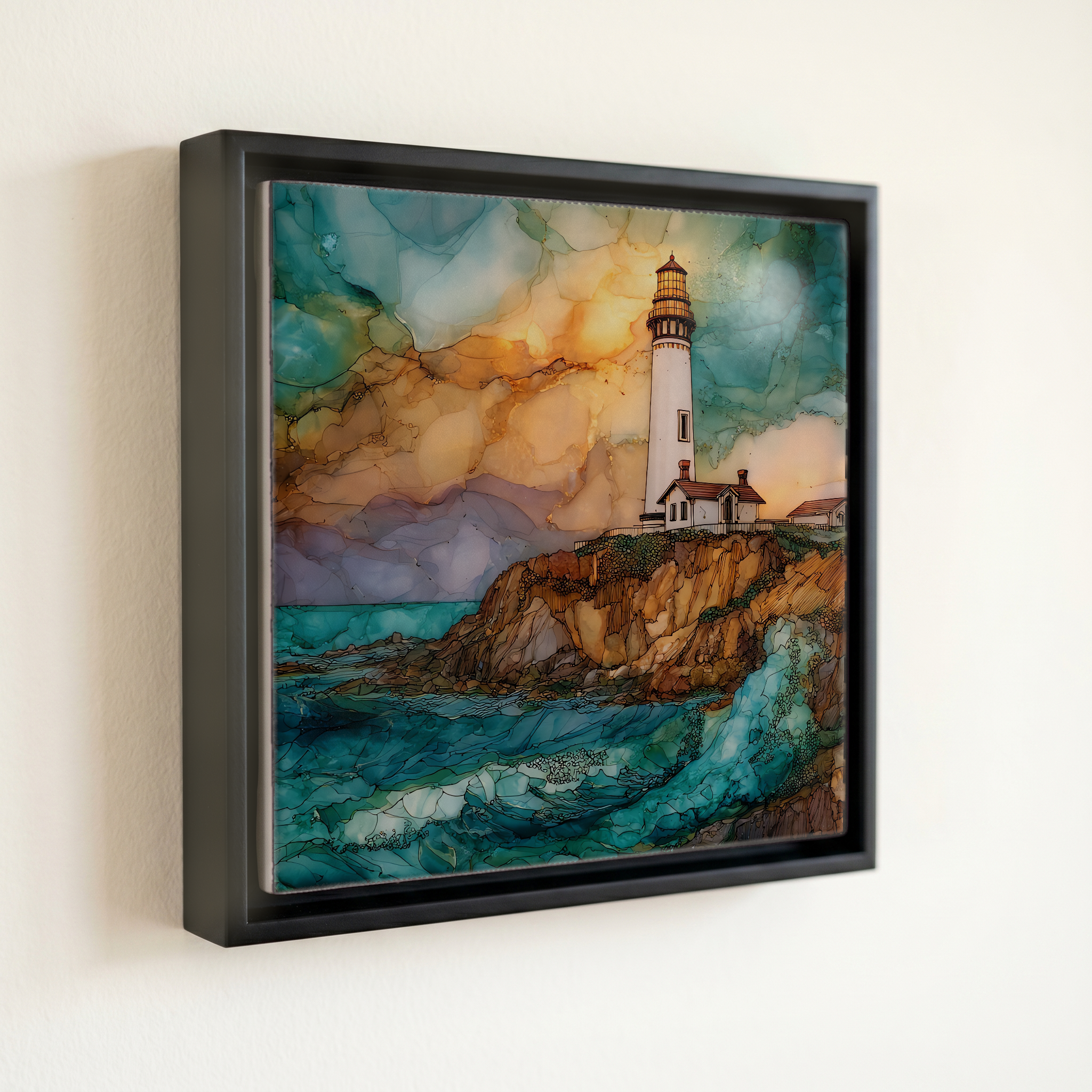 shown in a slim black floating frame · 6 × 6 in
