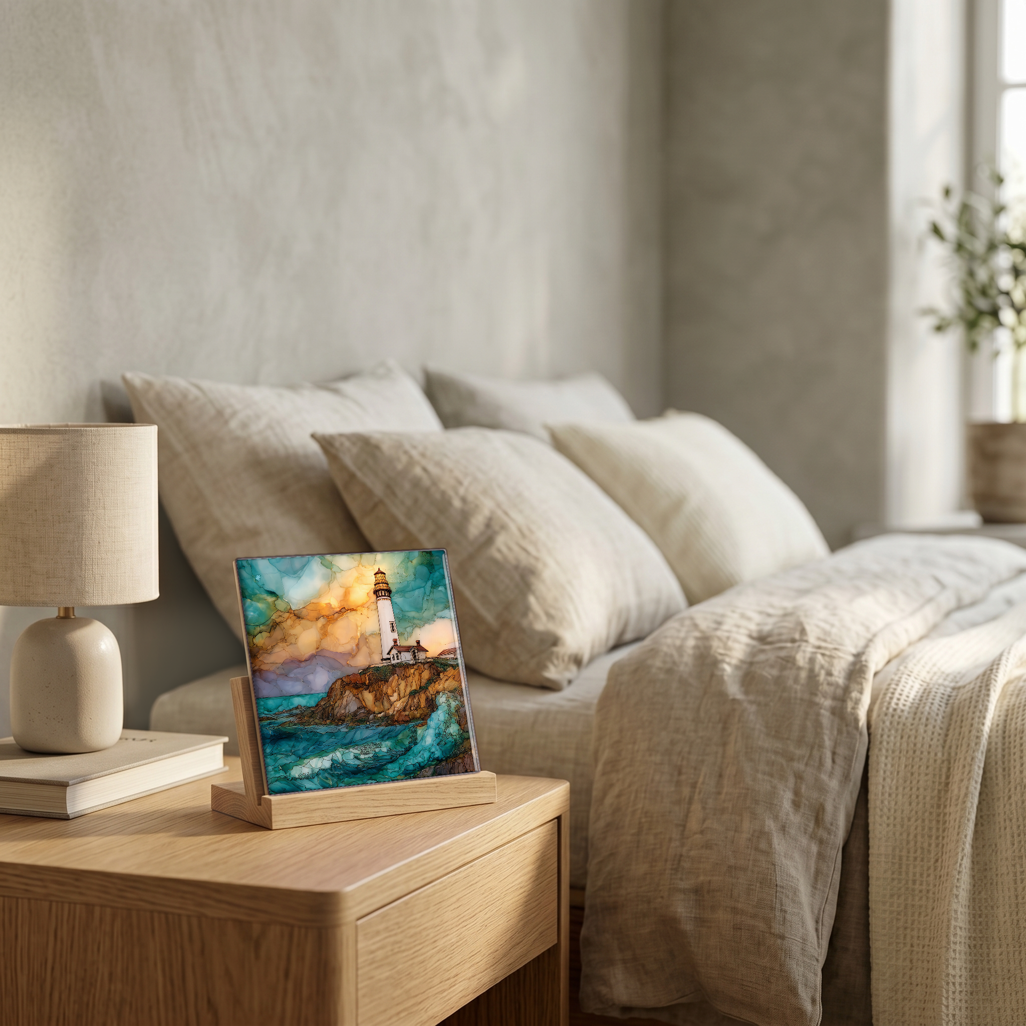 On the nightstand, on a light oak stand.