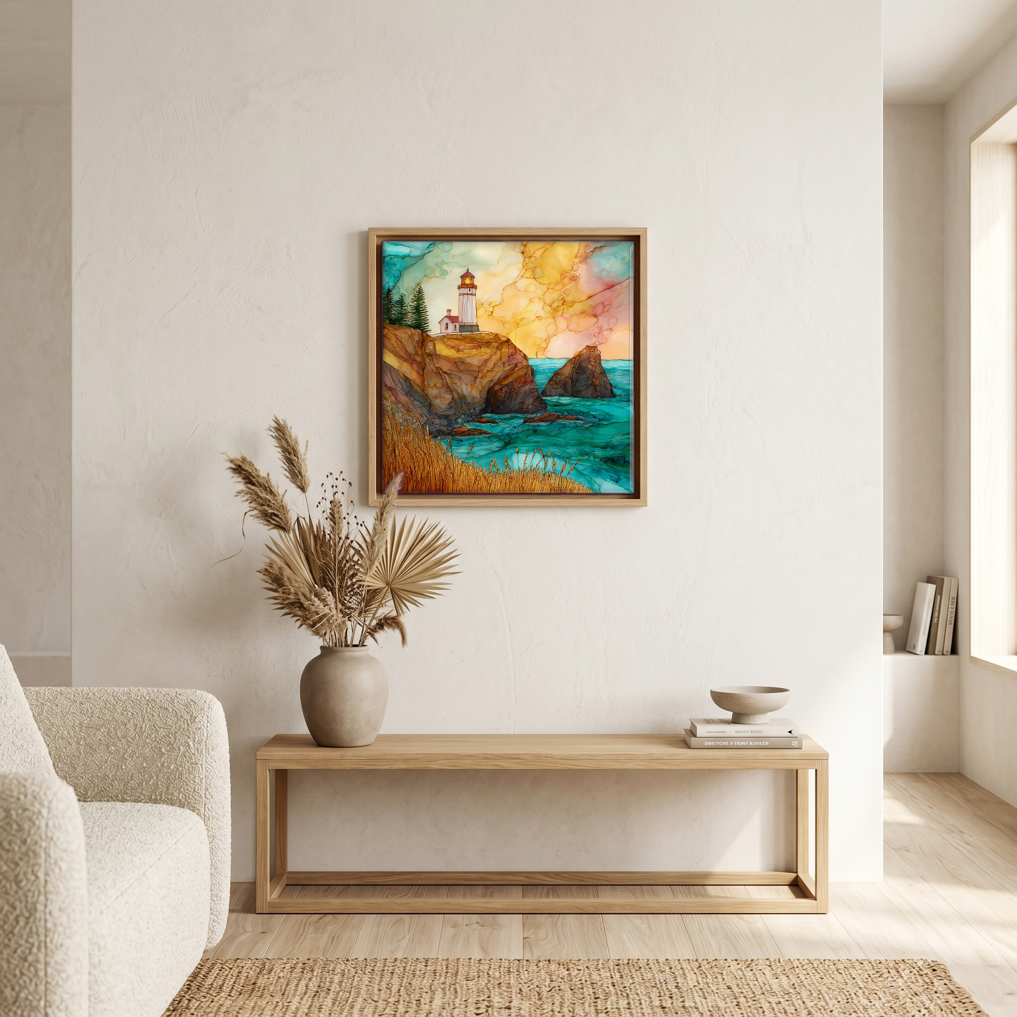 Above the bench, in a warm oak surround.