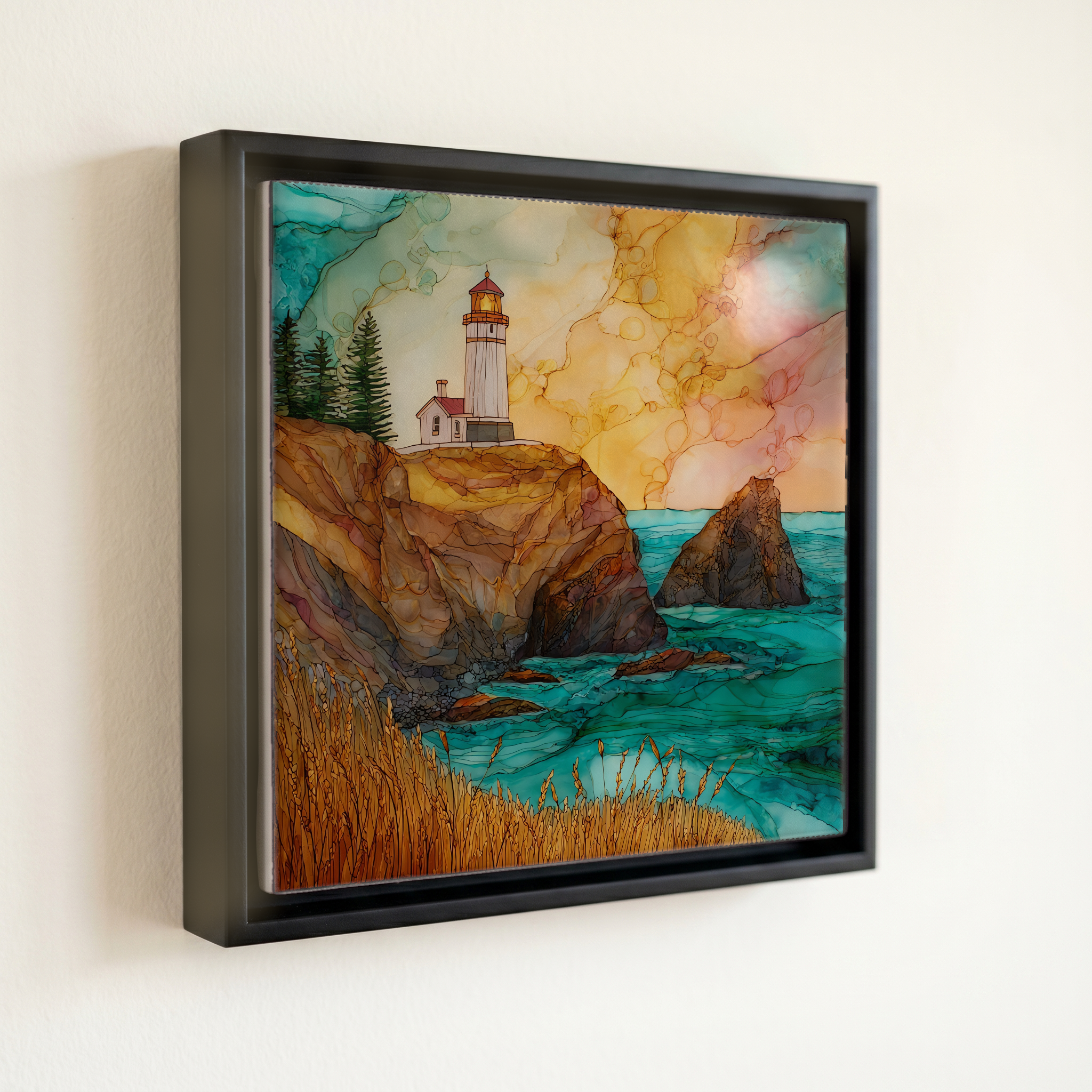 shown in a slim black floating frame · 6 × 6 in