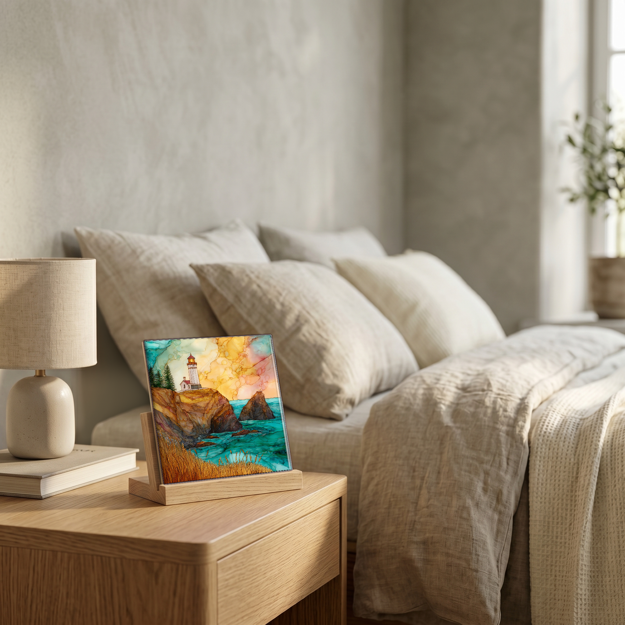On the nightstand, on a light oak stand.