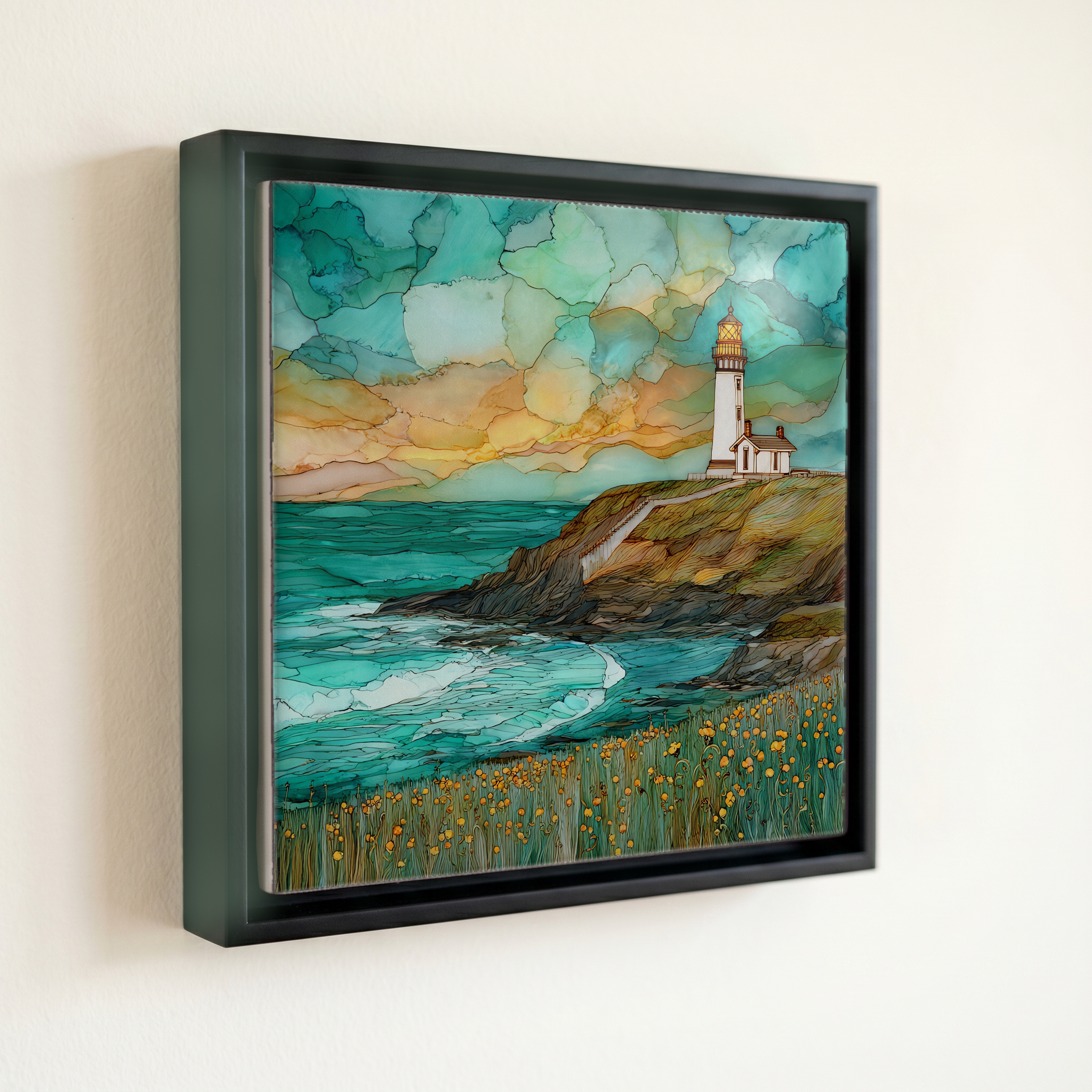 shown in a slim black floating frame · 6 × 6 in