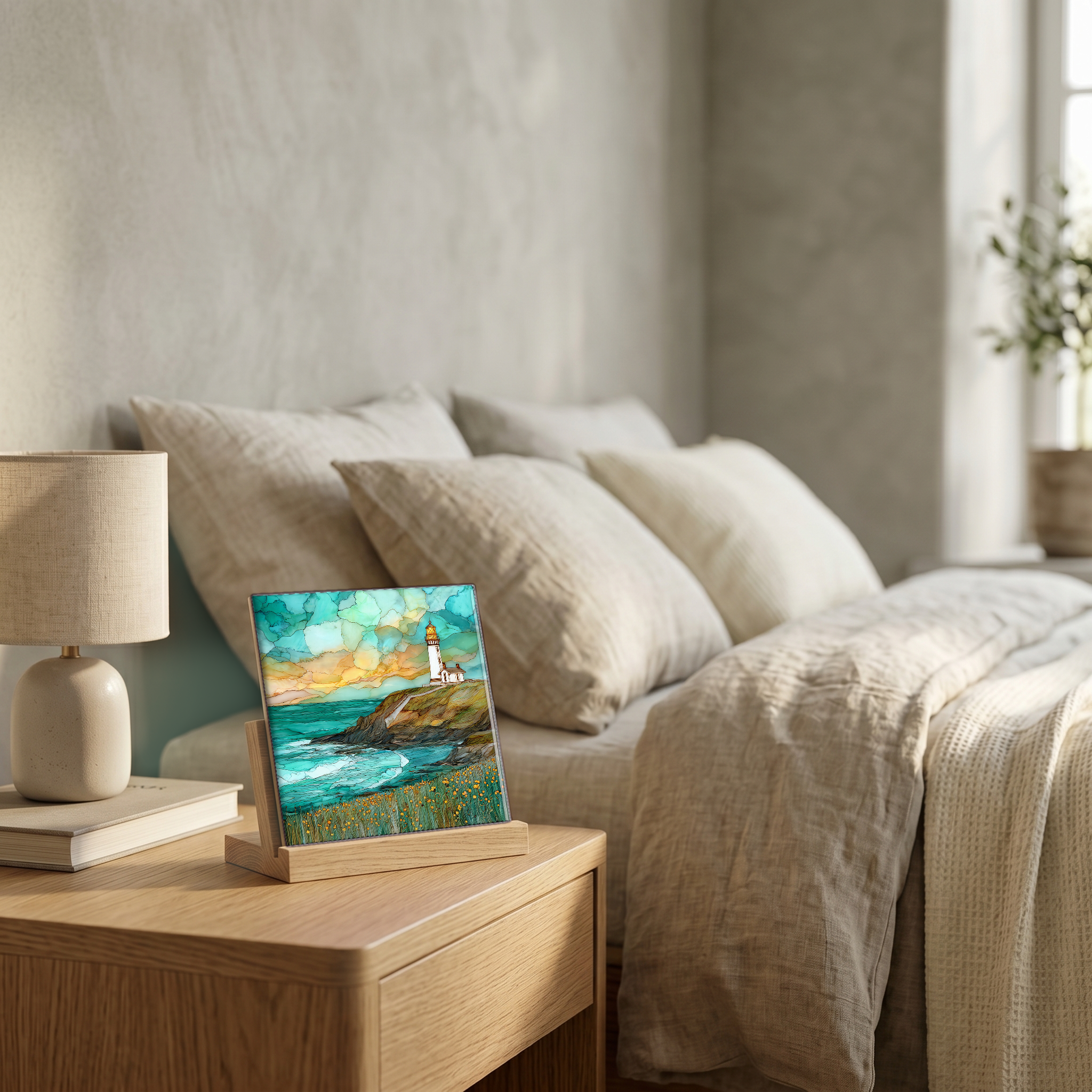 On the nightstand, on a light oak stand.
