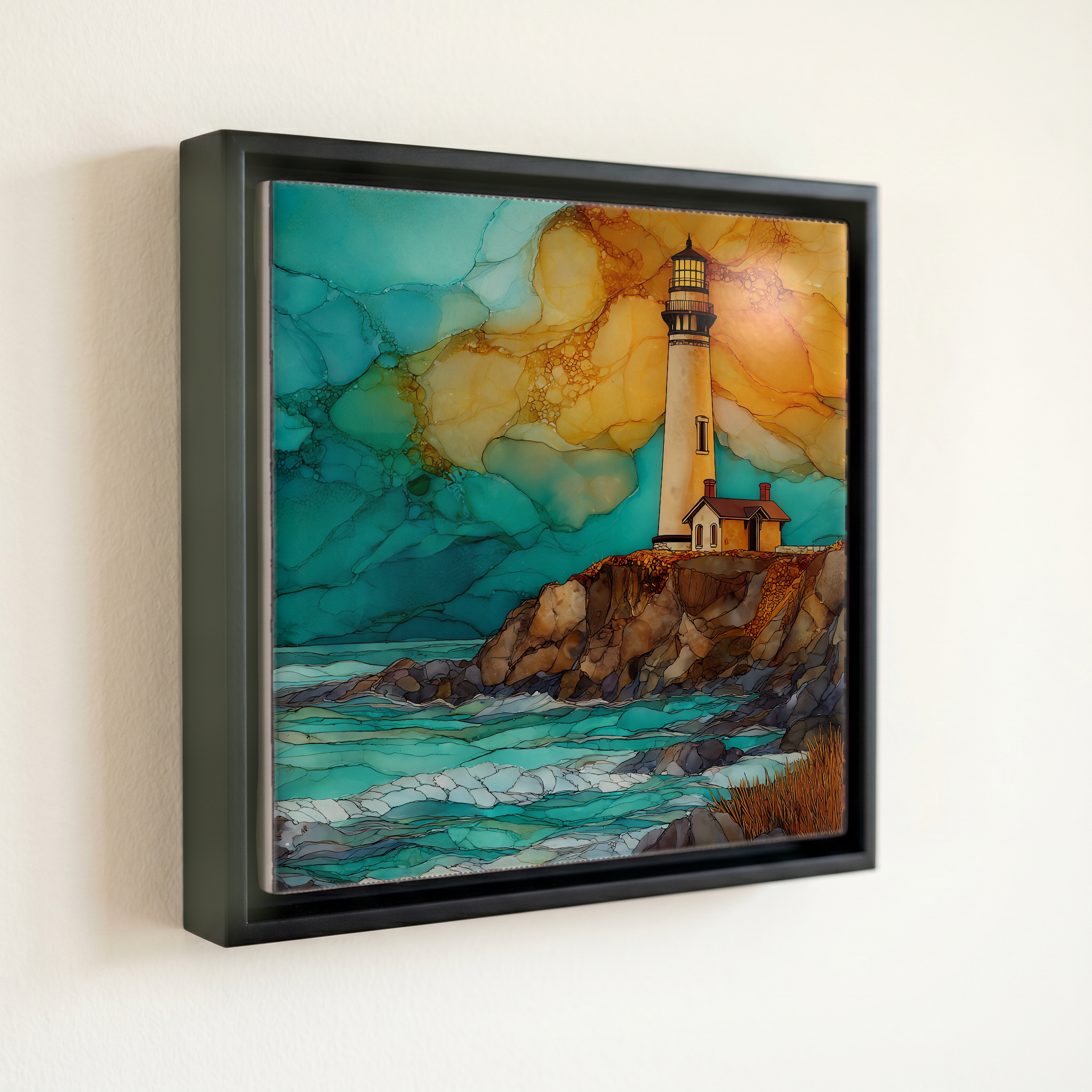 shown in a slim black floating frame · 6 × 6 in