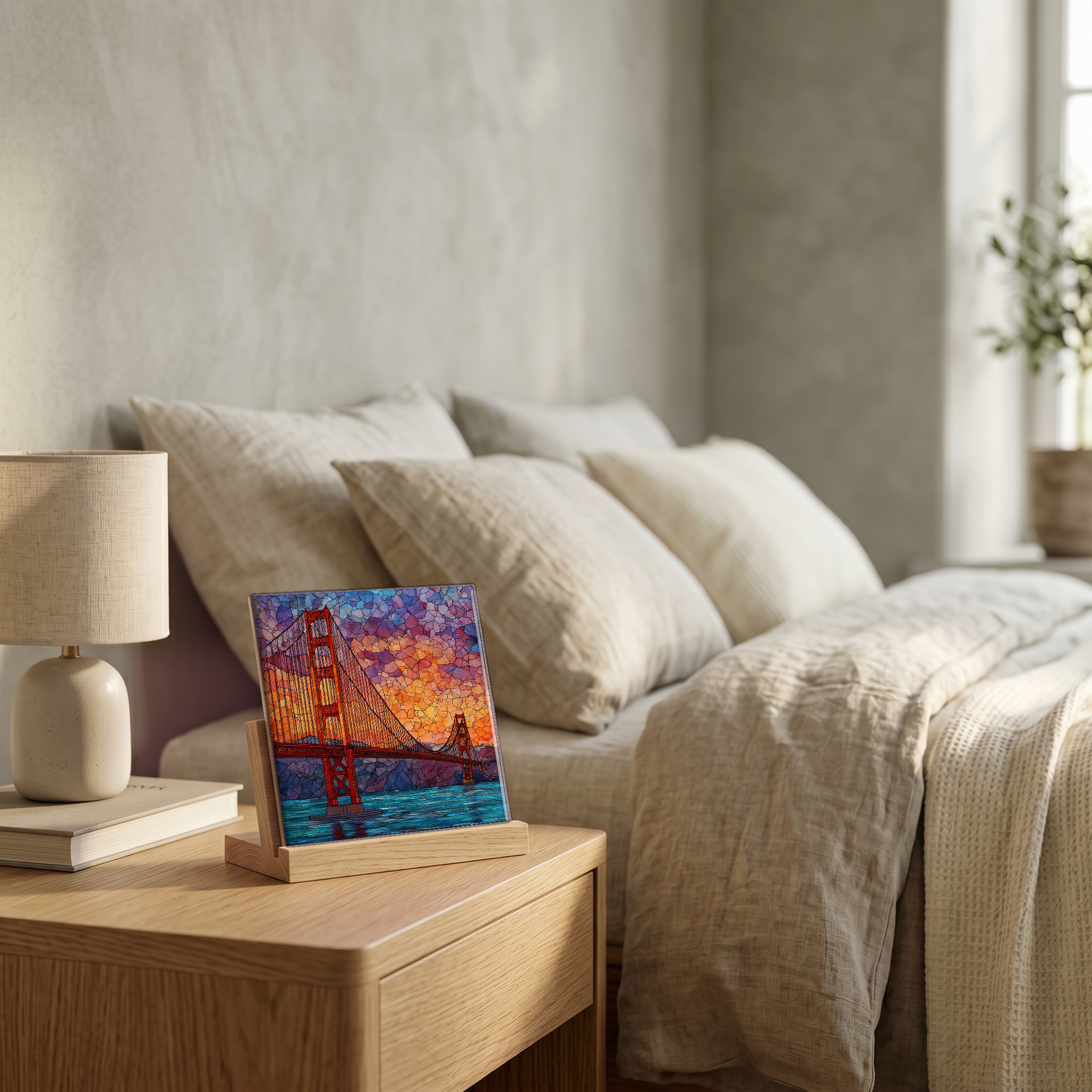 On the nightstand, on a light oak stand.
